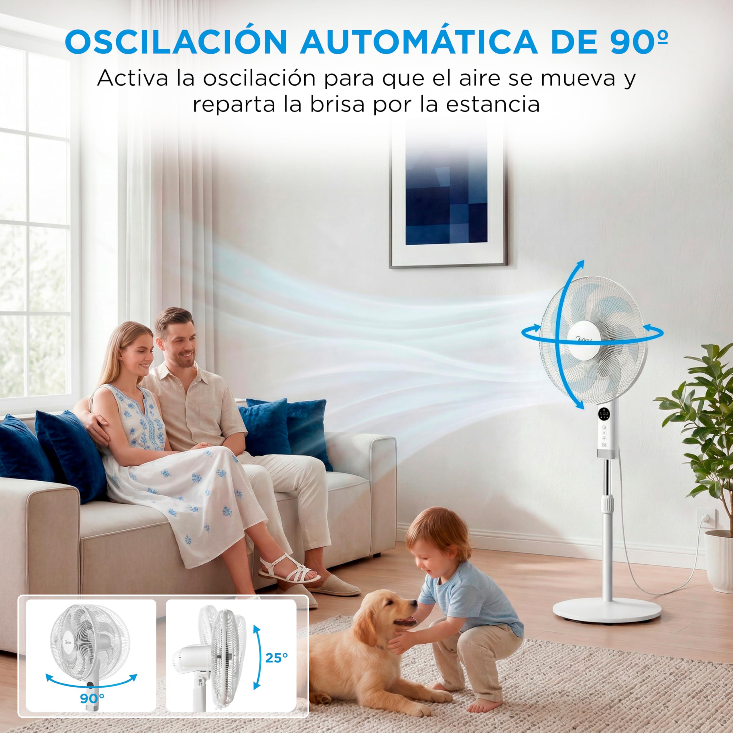 Midea Ventilador de Pie silencioso con Mando a Distancia y 3 velocidades - Ventilador Silencioso Oscilación 90º- Ventilador de Pie con Mando Temporizador 7h, Panel LED, Potente Motor, Altura Ajustable