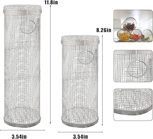 Miniatura 3 de Cesta de barbacoa con ruedas de 2 tamaños, estante portátil para acampar al aire libre, cesta redonda de acero inoxidable para parrilla de pescado y