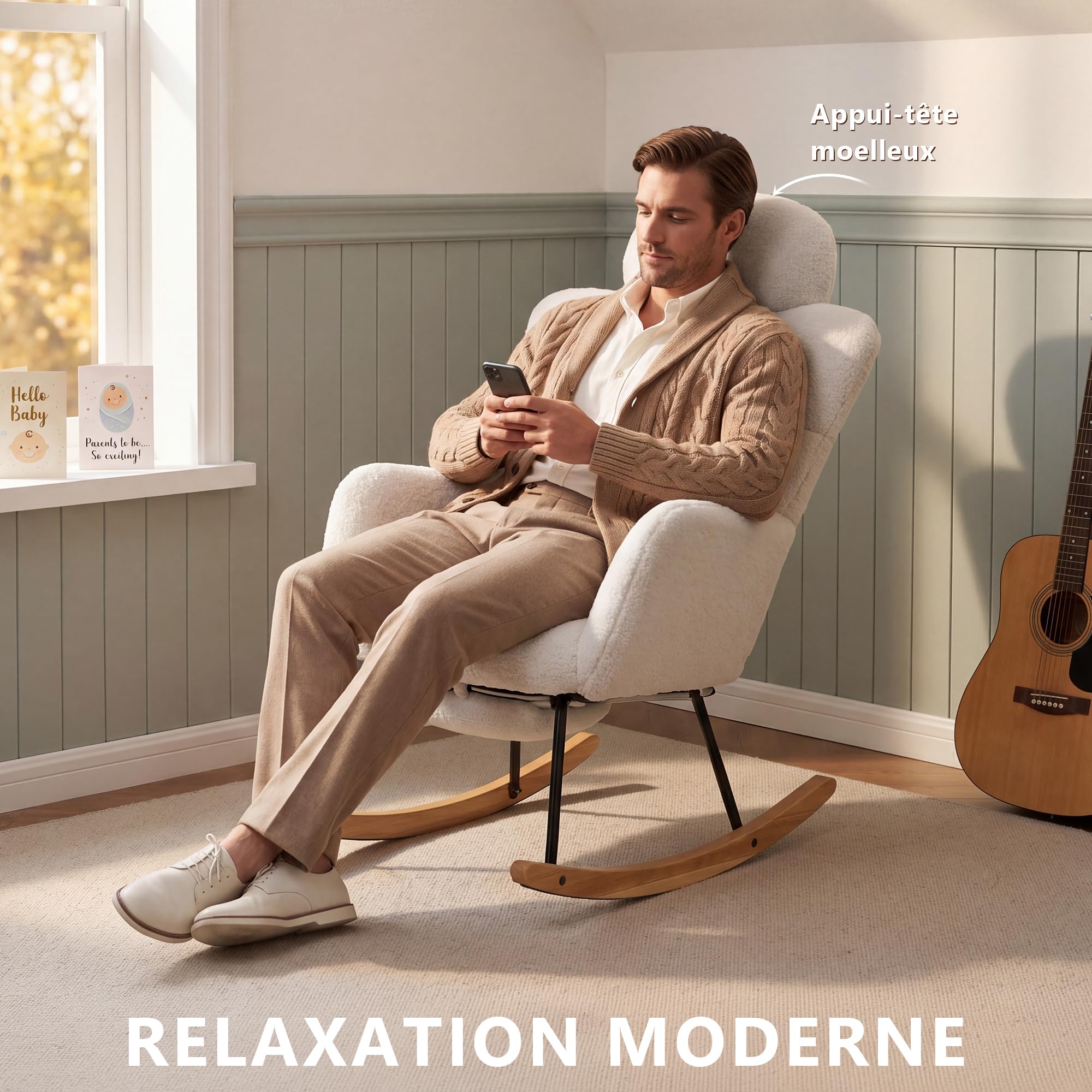 DEKKETO Fauteuil à Bascule - Rocking Chair avec Appui-tête & Repose-Pieds, Fauteuil Relax Scandinave en Tissu Bouclette, pour Salon, Allaitement, Chambre, Pieds en Bois Massif, Blanc