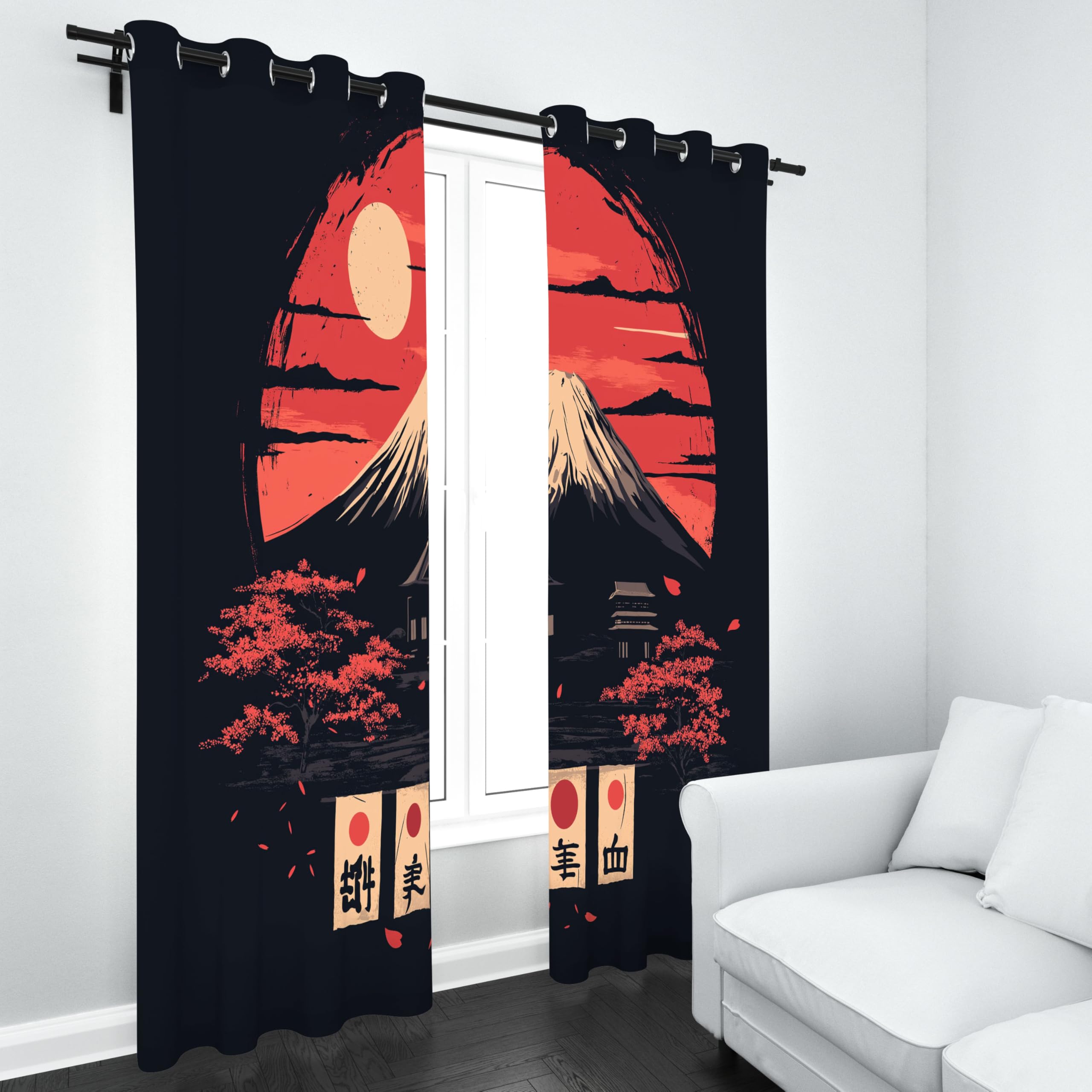 Cortinas opacas con diseño de templos japoneses para sala de estar, estilo tradicional japonés; cortinas térmicas opacas con diseño de acuarela y sol rojo para dormitorio infantil o juvenil (juego de