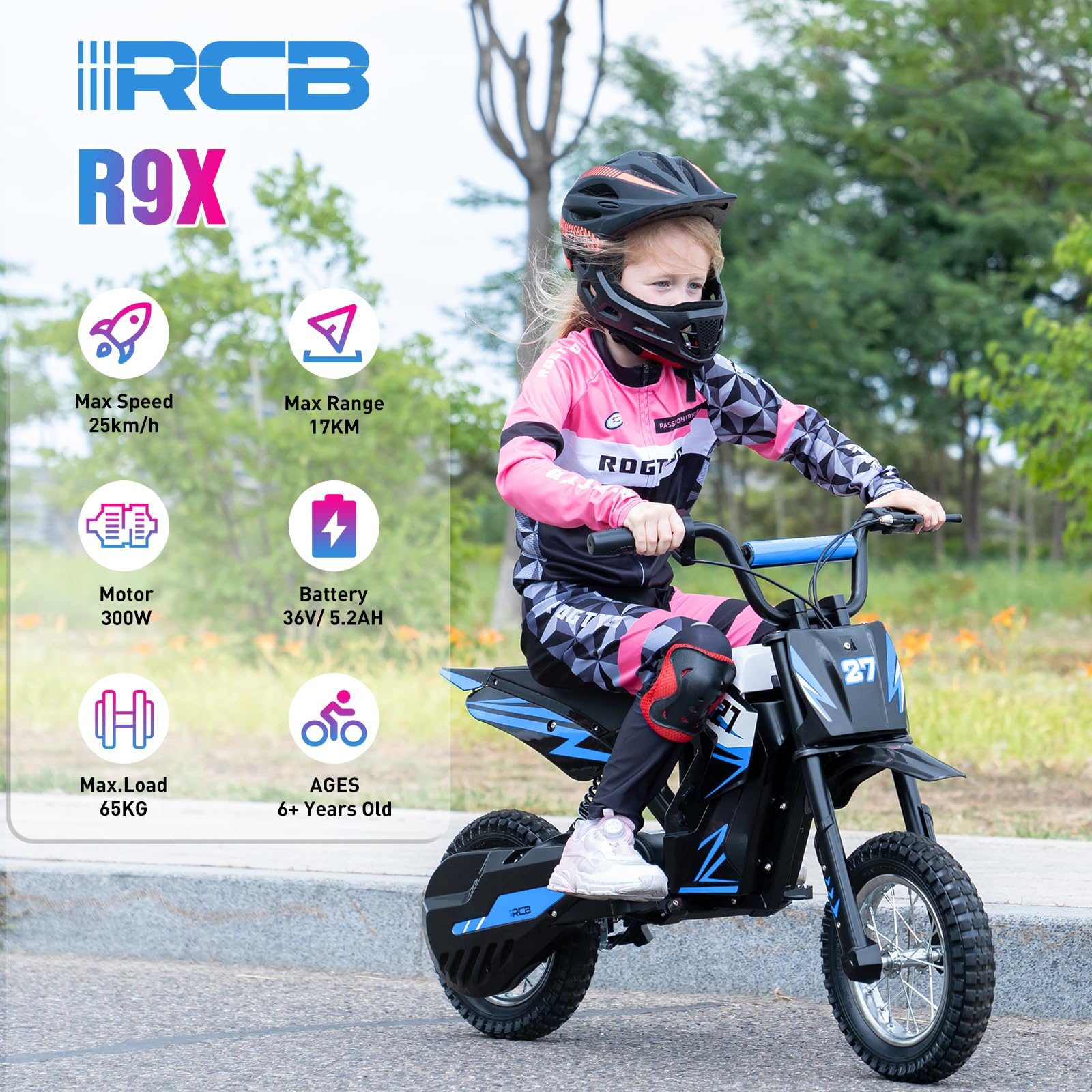 RCB Dziecięce motocykle elektryczne, opony pneumatyczne 12 cali, silnik o wysokiej wydajności, 3 tryby8/12/25KMH, maks. autonomia 15 KM, rower motocyklowy krzyż dla dzieci w wieku 3-12 lat