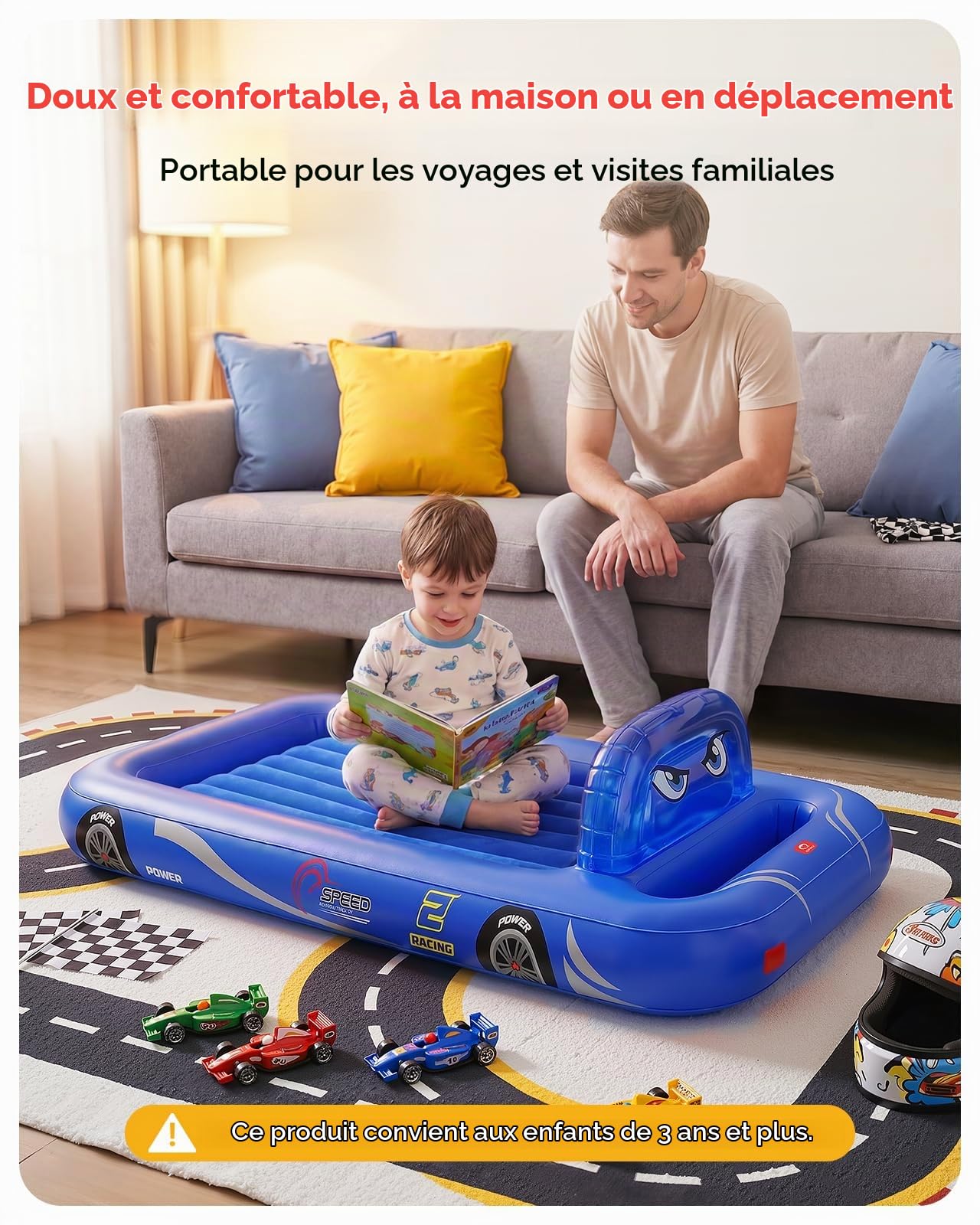 QPAU Matelas gonflable pour enfants, motif tente de voiture de course, à partir de 3 ans, bleu