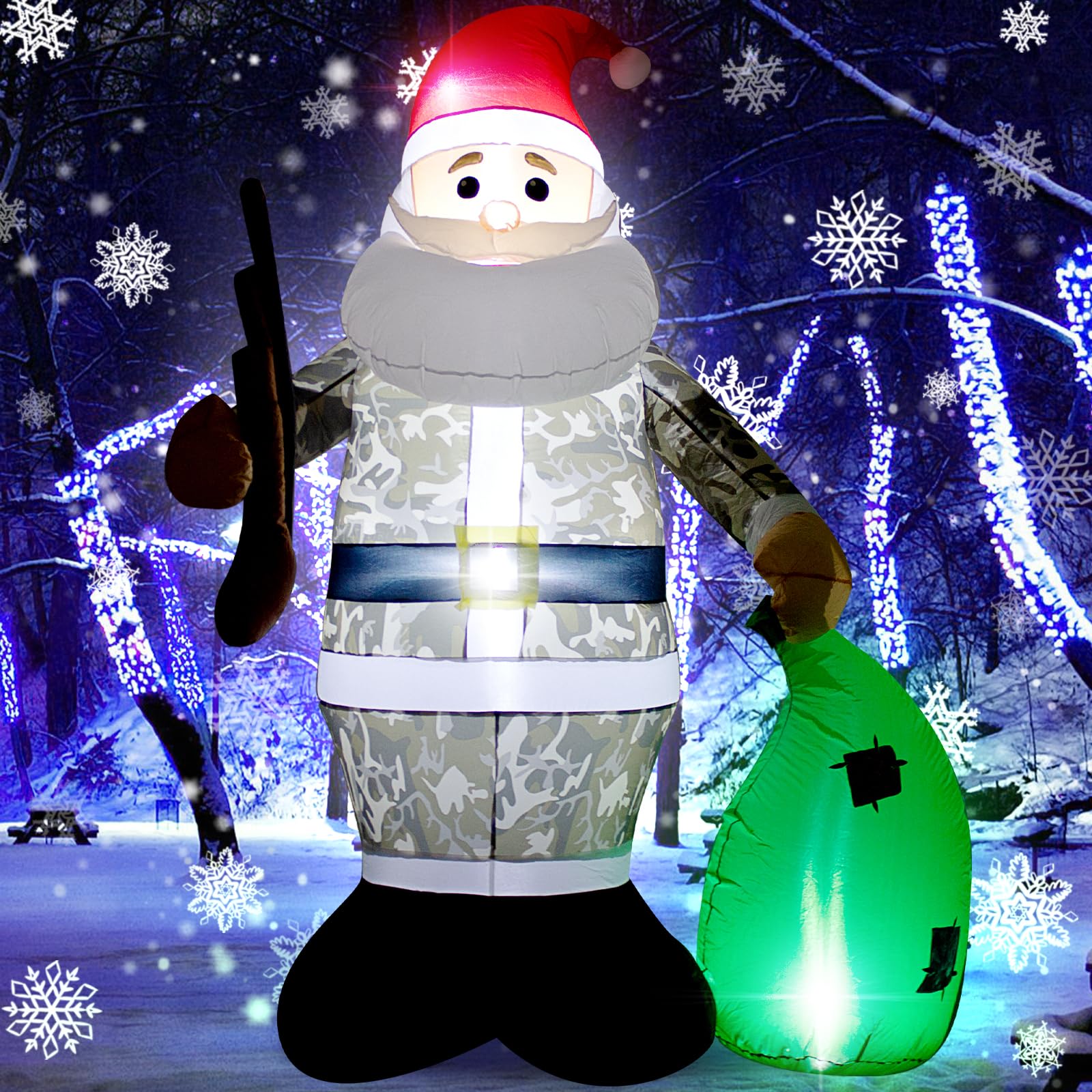 6FT(1.8M) Camo Suit Santa Claus with a Gun Christmas Inflatable Decorations Outdoor Blow up Santa Lighting Xmas Decorations Inflatable Santa Garden/Yard/Lawn Decorations Christmas Tree Decor - Image 2
