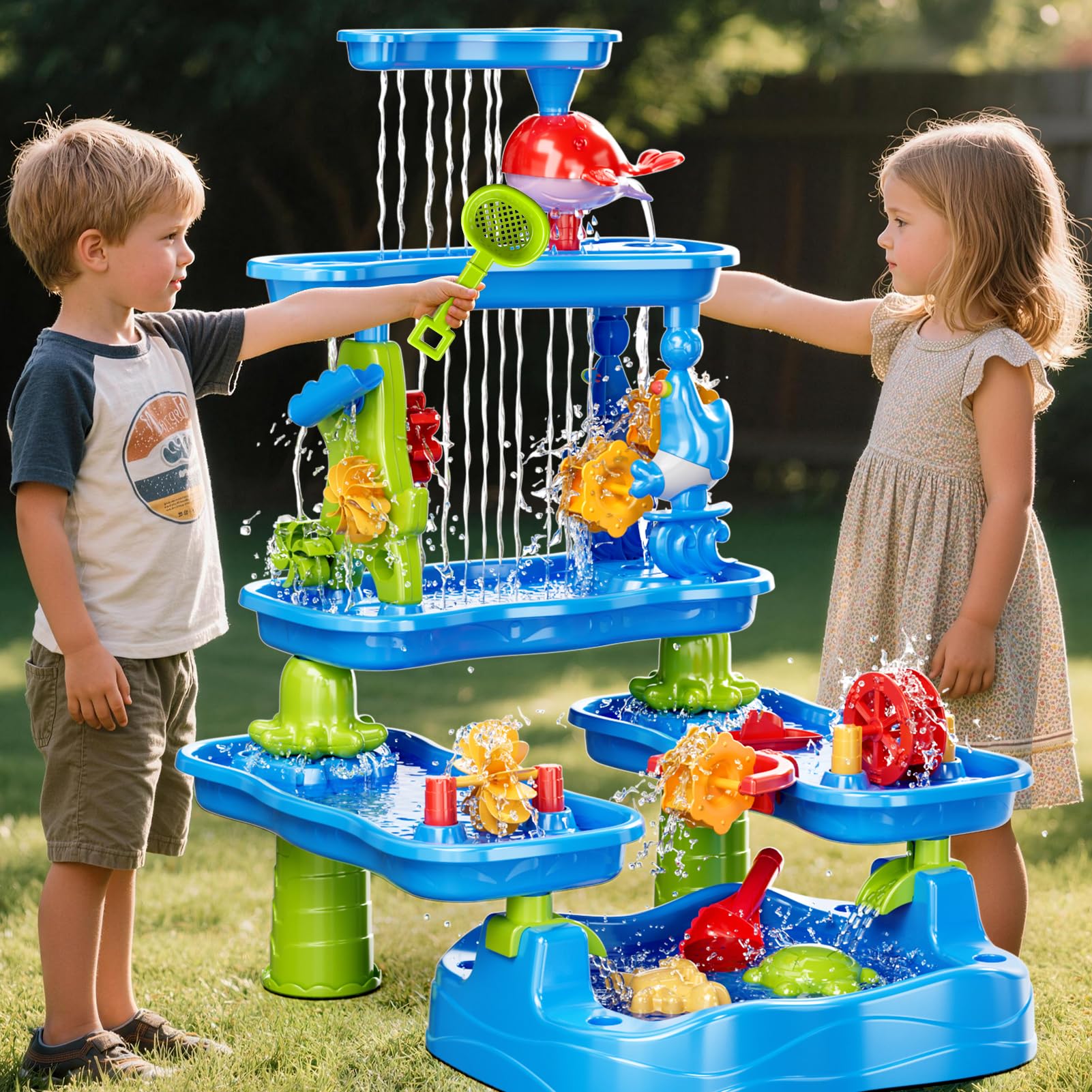 5-stufiger Sand- und Wassertisch, Outdoor Sensorik Spielset für Kinder, Sommer Strandspielzeug für Kleinkinder 2-3 4-8 Jahre, Wassertisch mit Zubehör für Jungen Mädchen