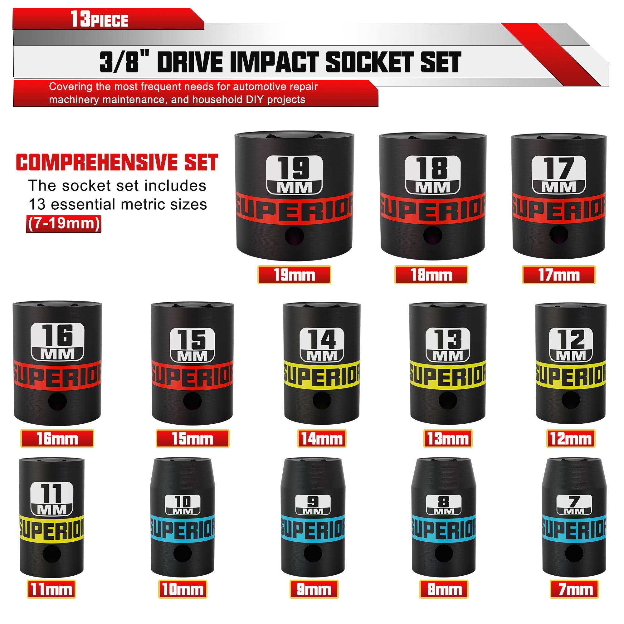 Juego de 13 Piezas Vasos de Impacto 3/8", 7-19 mm Llaves de Vasos Impacto Set, de Cromo Vanadio, Dados de Impacto Para Muebles, Auto Reparación