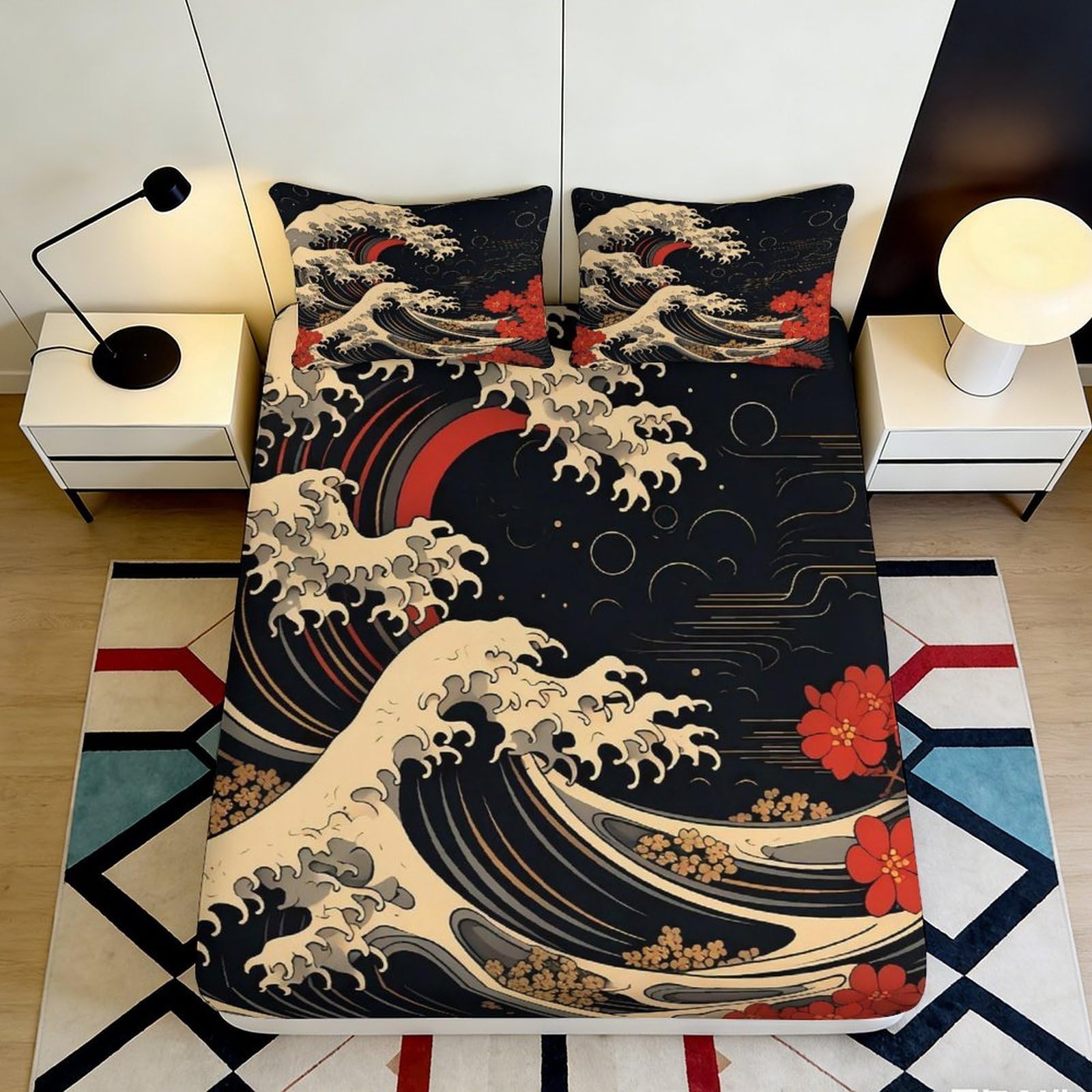 3D Printed Japanese Wave Art Fitted Sheet Microfiber Elegant Red Sakura Bed Cover for Bedroom Guest Room Decor 90x200x25cm