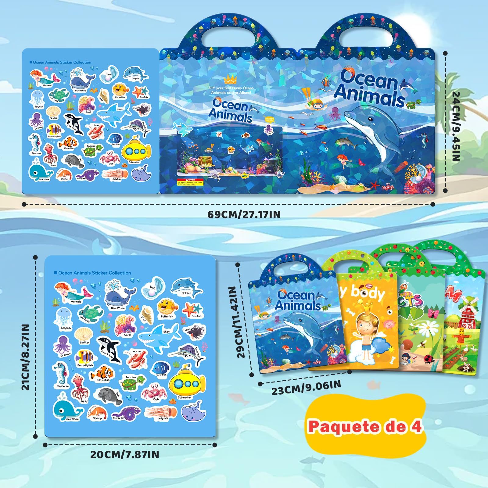 GUYUCOM Paquete de 4 libros de pegatinas reutilizables, juguetes para niños de 2, 3, 4 años, pegatinas 3D transparentes para granja de insectos oceánicos, juguete educativo, regalos de cumpleaños