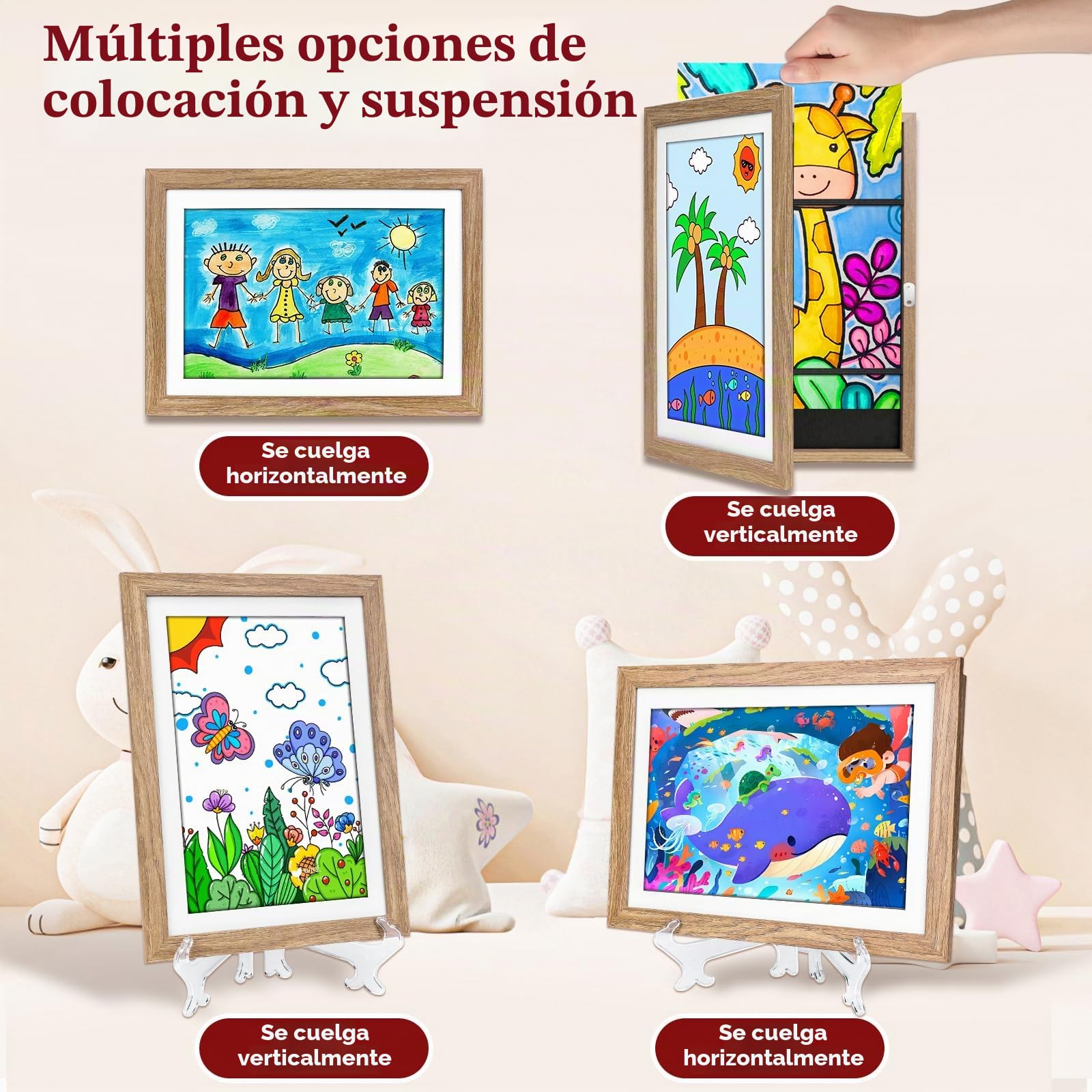 SelfTek Marco Dibujos Infantiles A4, Pack de 2 Marcos para Dibujos Niños con Soporte, Apertura Frontal Magnética, Hasta 150 Dibujos, Ideal para Casa, Escuela, Regalo (Madera)