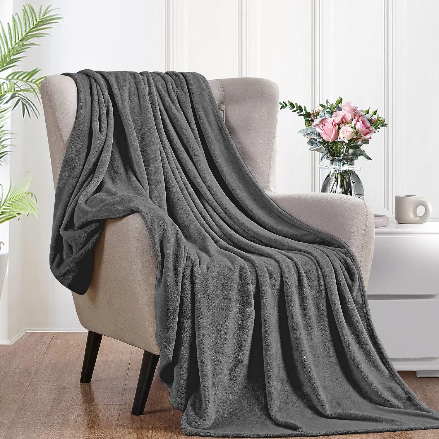 Luxury Soft Fleece Full Size Blanket, 80” x 94”, Microfiber for Sofa, Bed, Couch, or Travel, Breathable Thermal Warmth Comfort, Solid Color Light Grey