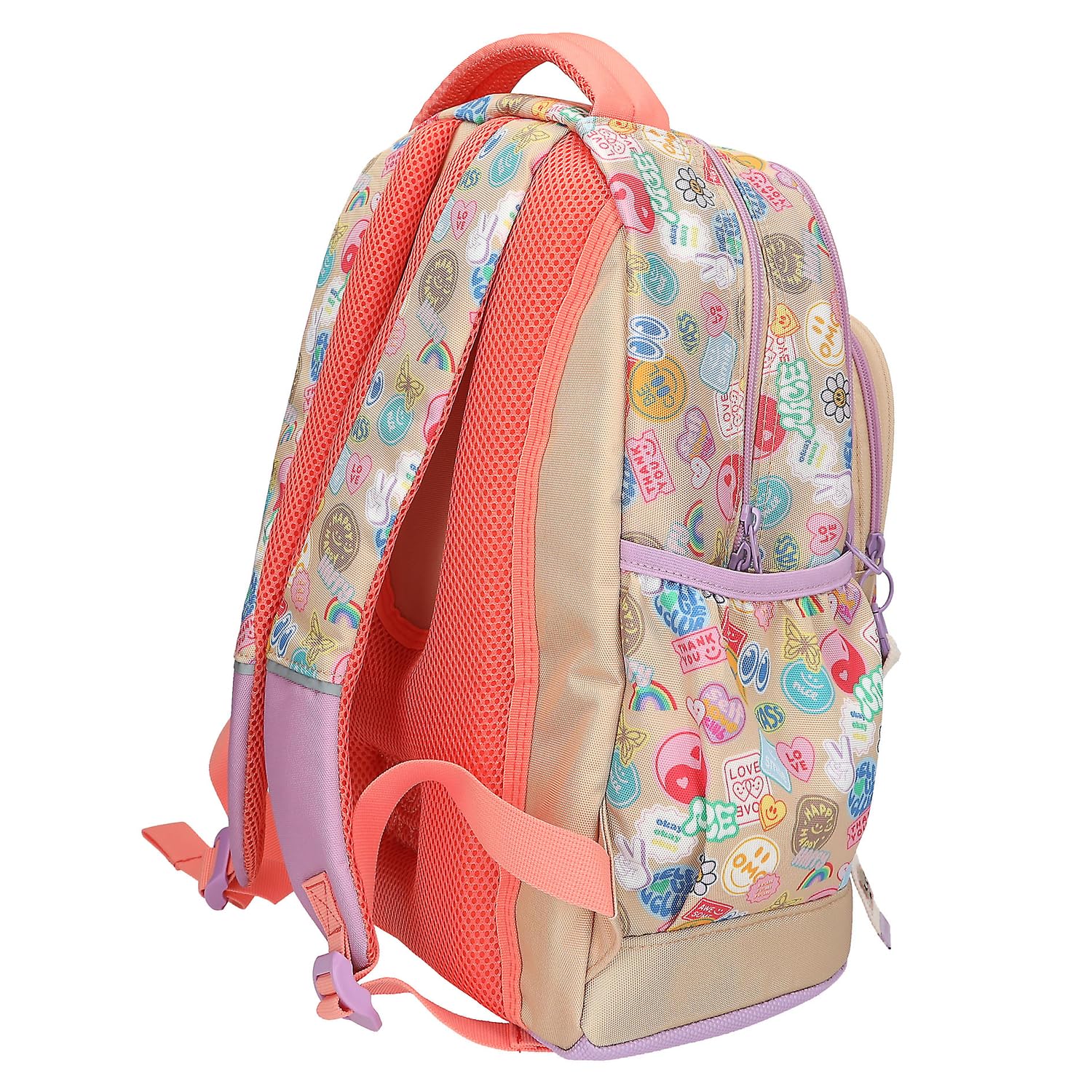 Depesche 13285 TOPModel Girl Power - Schulrucksack in Beige und Lila, mit Model Motiv und bunten Batches, Schultasche mit verstellbaren Trägern