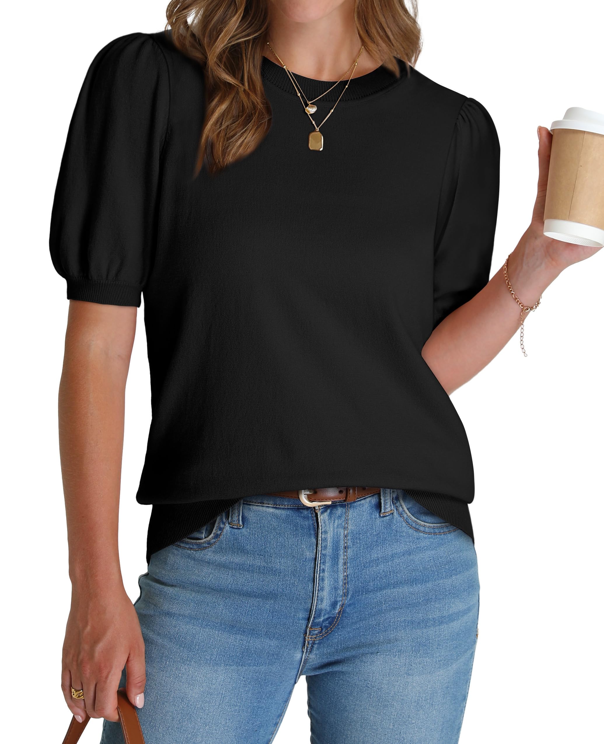 WIHOLL Womens Puff Short Sleeve Sweater 2026 Spring Summer Tops Trendy Business Causal Outfits Work Blouses Clothes