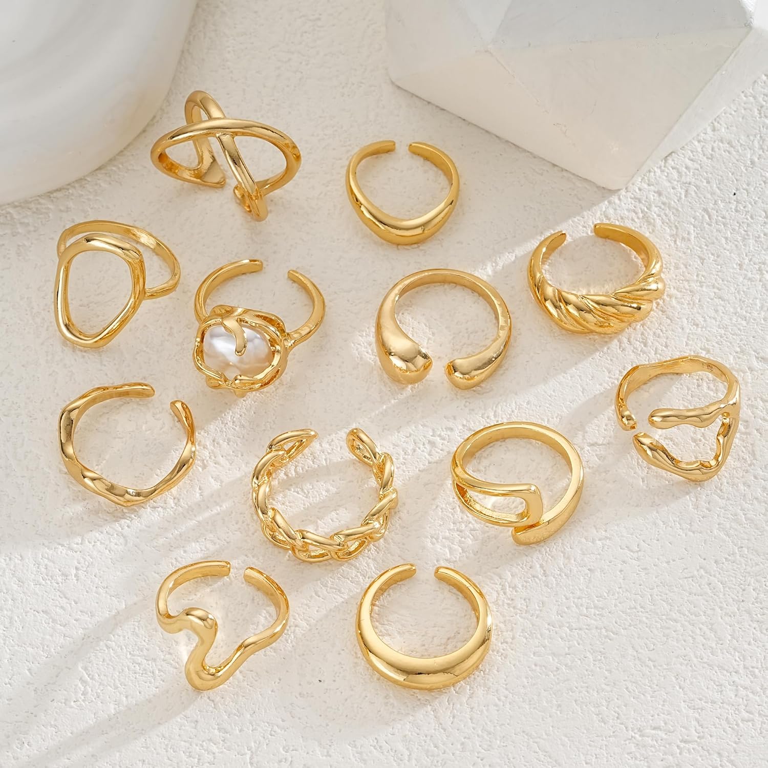FAXHION 12PCS Gold Stackable Rings Set for Women, 18K Gold Plated Open Stacking Knuckle Ring, Adjustable Chunky Signet Band Statement Ring for Gift - Image 7