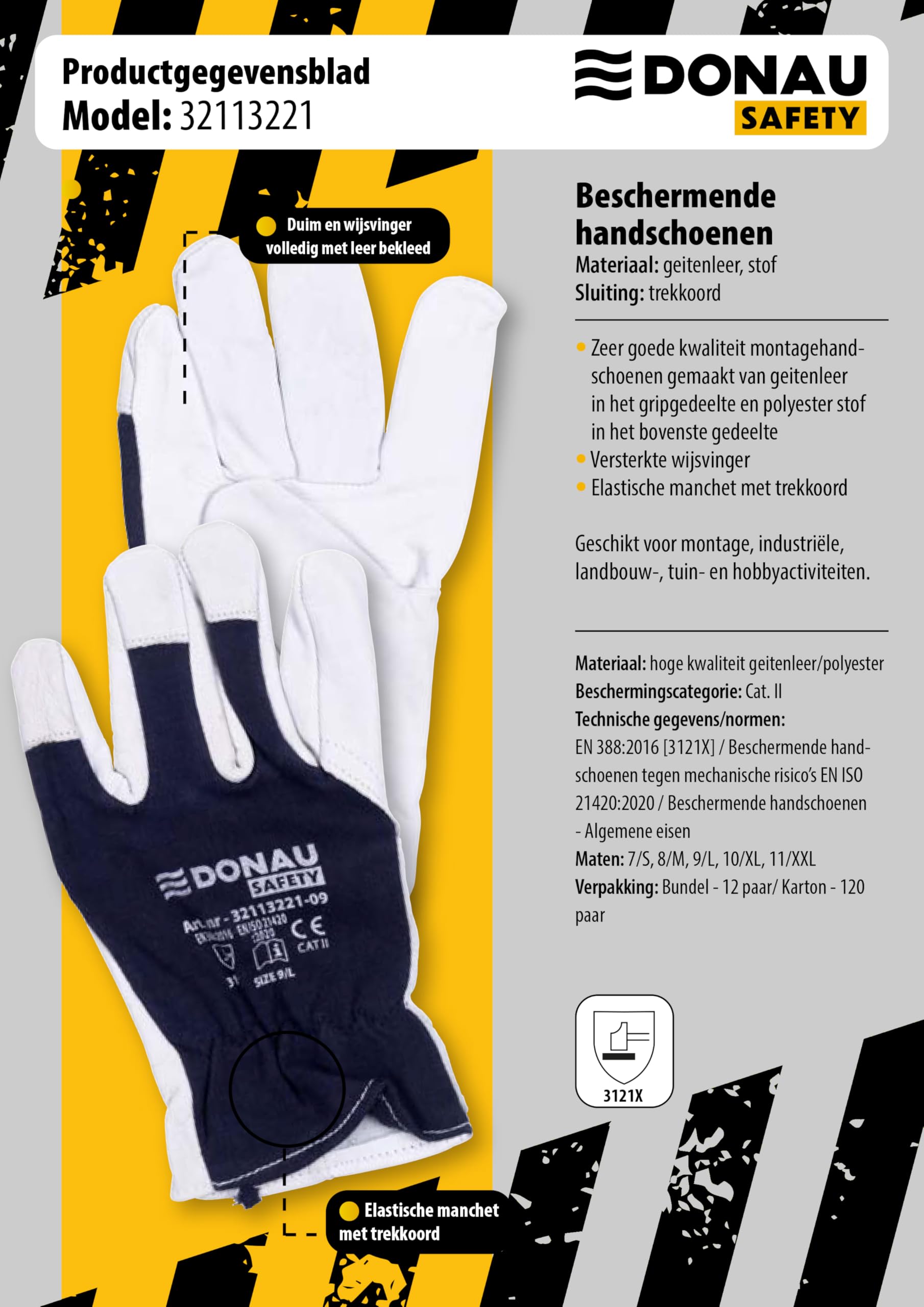 DONAU SAFETY Skórzane rękawice robocze z elastycznym nadgarstkiem/rozmiar 8 M/1 para/biało-ciemnoniebieskie/rękawice montażowe/miękkie i wygodne rękawice ochronne ze skóry koziej i tkaniny