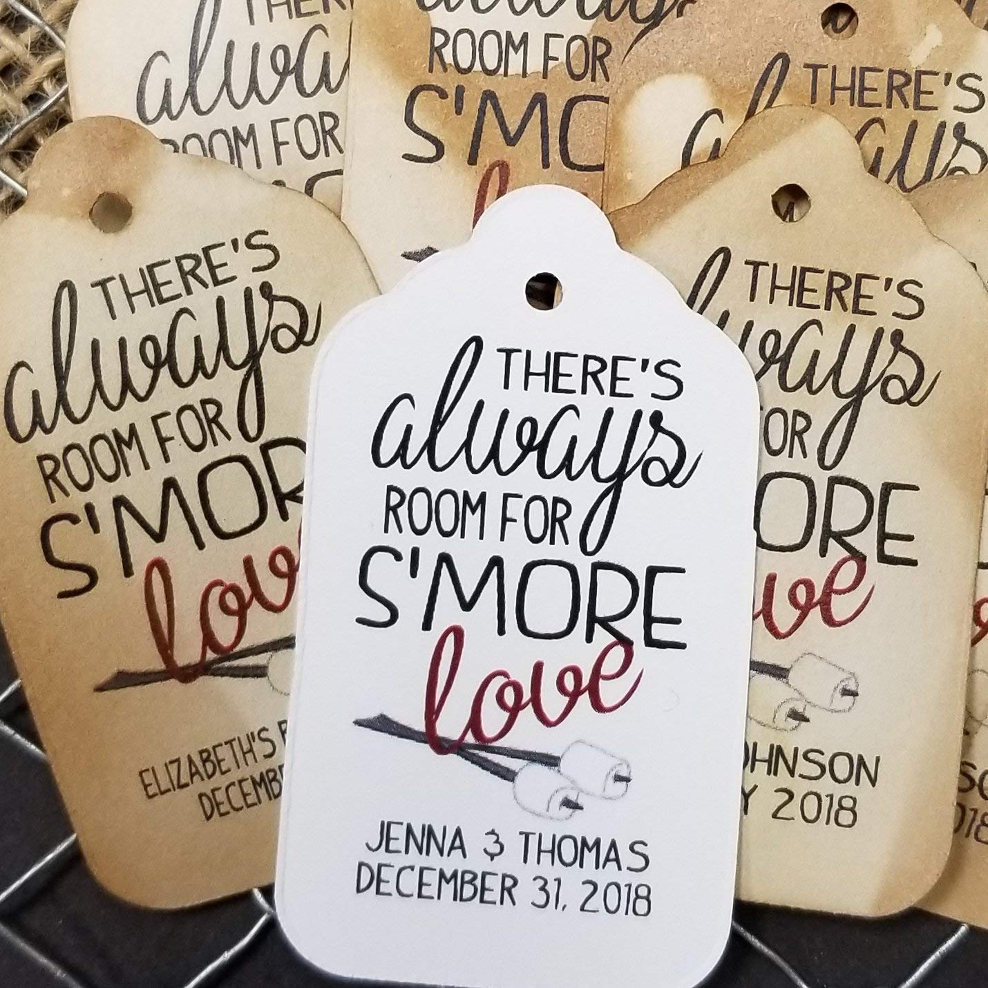 There's Always Room for S'more Love Personalized White or Tea Stained Favor Tag sets of 25 Tags (myMEDIUM 1 3/8 x 2 1/2) theres always room for smore love