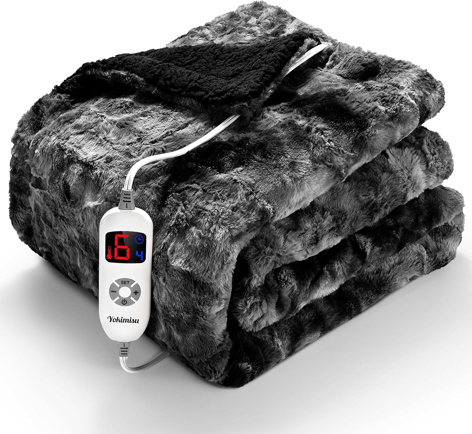 YOKIMISU Heated Blanket Electric Throw (50x60 inches Faux Fur Sherpa, Black) 1/2/3/4 Hours Auto