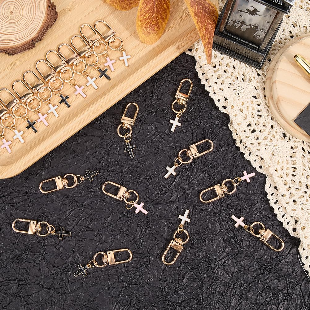 CRASPIRE 1 Box 21Pcs 3 Colors Metal Cross Keychain Crucifix Key Chain Bulk Metal Gold Alloy Enamel Black White Pink Charm Keyring Keychains with Swivel Clasps for Keys Purse Backpacks Accessories - Image 4