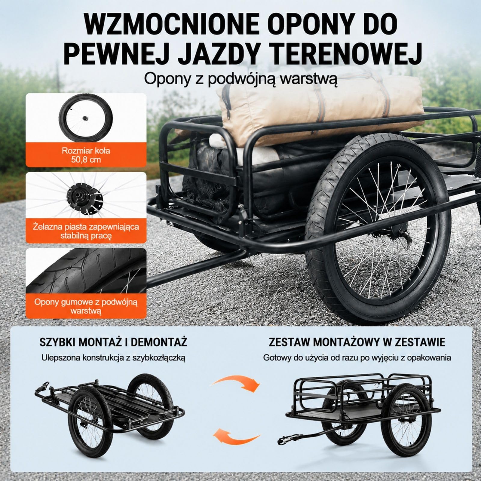 Przyczepka rowerowa 125 kg, składany wózek transportowy z szybkozamykaczem, uniwersalnym zaczepem i ramą ze stali węglowej