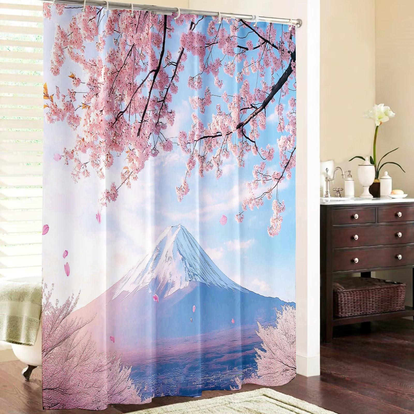 Rideau de Douche 240x200cm,Montagne Enneigée Rideau de Salle de Bain, Nature Fleurs De Cerisier Rideau de Douche,Imperméable,de Salle de Bain avec 12 Crochets