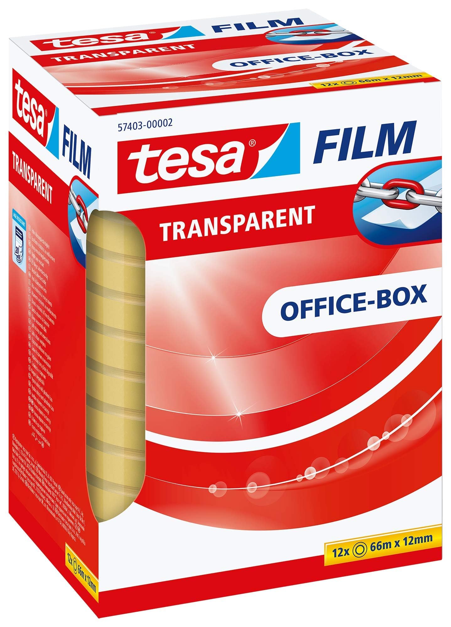 tesa tesafilm transparent - Transparentes Klebeband mit starker Haftung - alterungsbeständig und reißfest - 66 m x 12 mm - 12er Pack