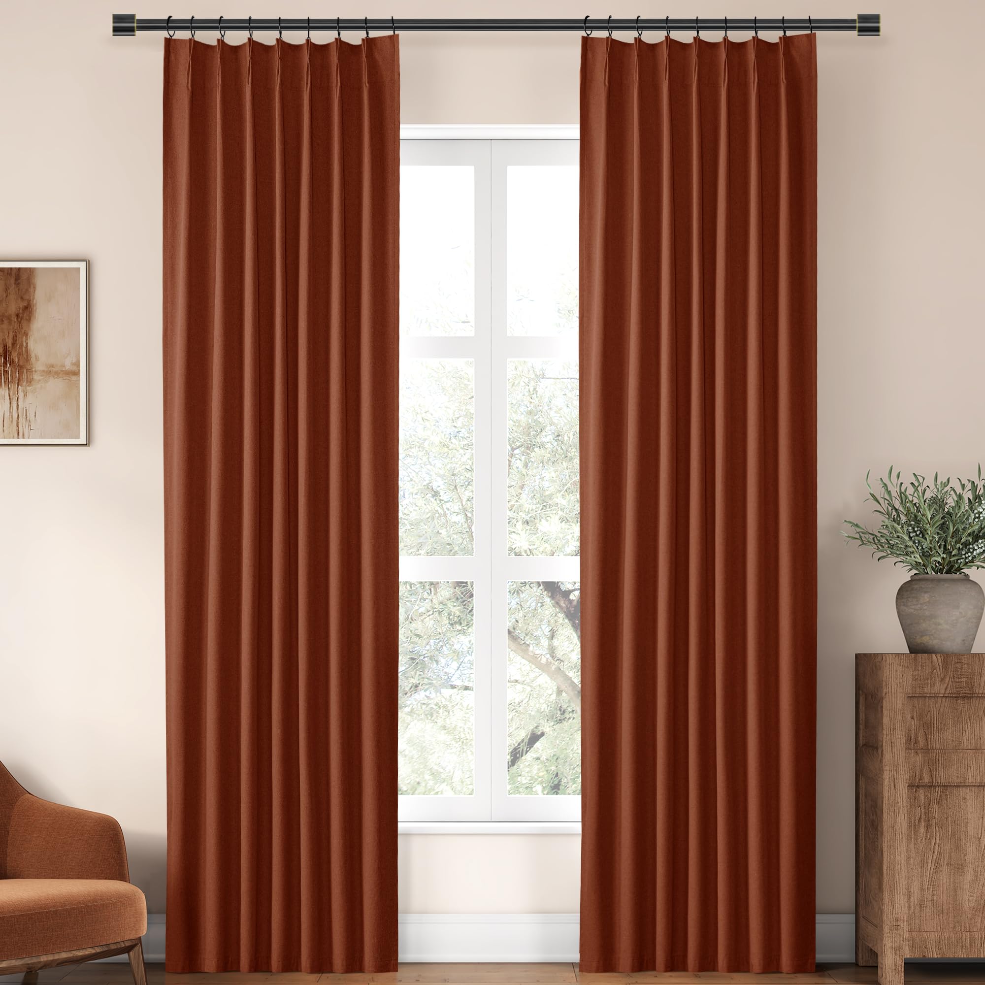 Pinch Pleated Blackout Curtains 95 Inches Long 2 Panels Set Linen Country Curtains for Dinging Bedroom Living Room Darkening Black Out 8ft Back Tab