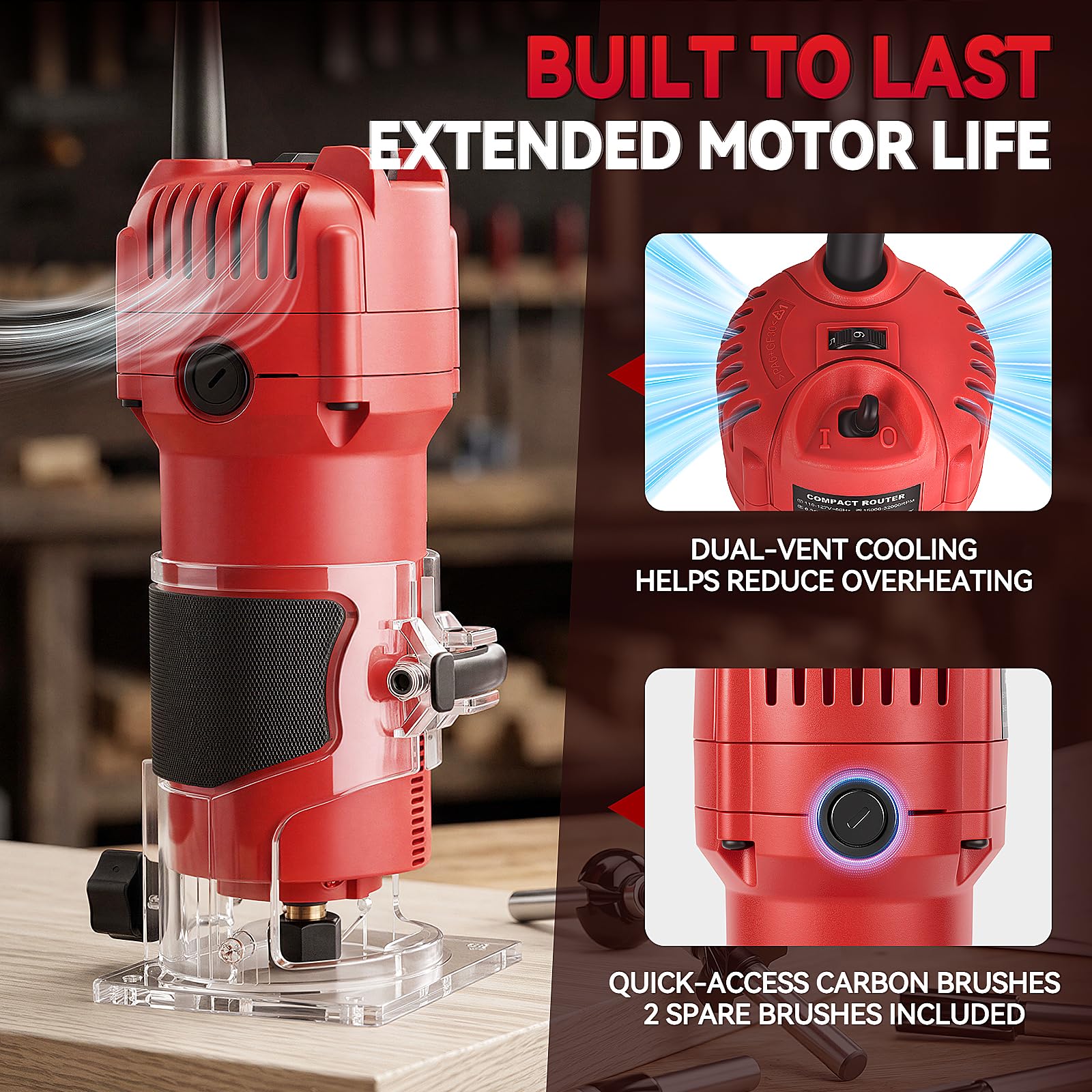 Outil de défonceuse à bois, 800 W compact pour le travail du bois, débroussailleuse électrique à 6 vitesses, 15 000 à 32 000 tr/min, pinces de 0,6 cm, 6 embouts, guides et capot anti-poussière