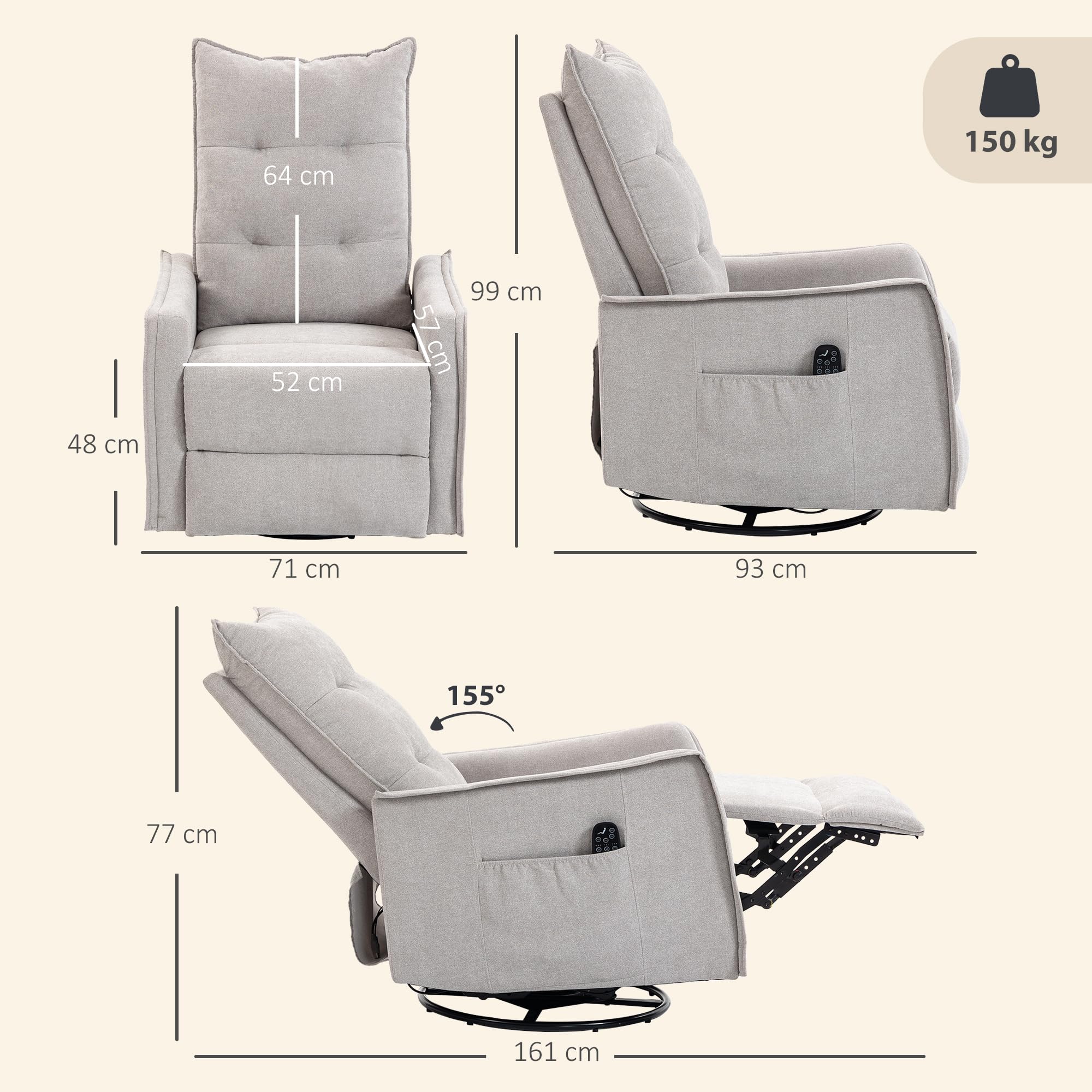 HOMCOM Poltrona Massaggiante Reclinabile Manuale 155° Riscaldante, 8 Punti di Massaggio, Poltrona Relax Girevole in Ciniglia, Funzione Dondolo, Poggiapiedi, Telecomando, Tasche Laterali, Grigio Chiaro