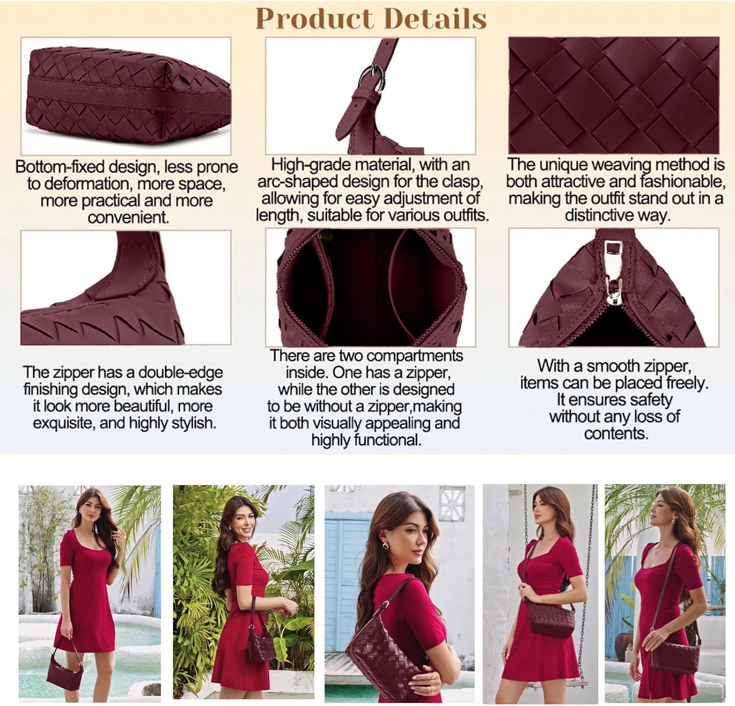 Woven Vegan Leather Hobo Shoulder Bag, Small Crossbody Purse Tote for Women - Image 5