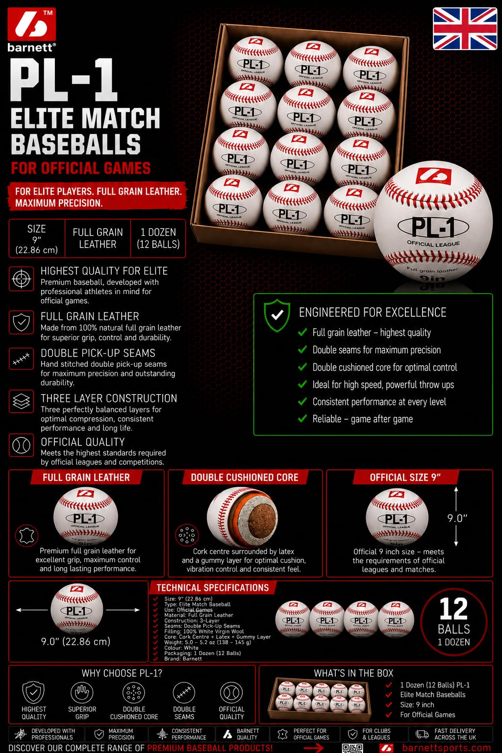 BARNETT TS-1 Übungs-Baseballball, Größe 22,9 cm, Weiß, 1 Dutzend