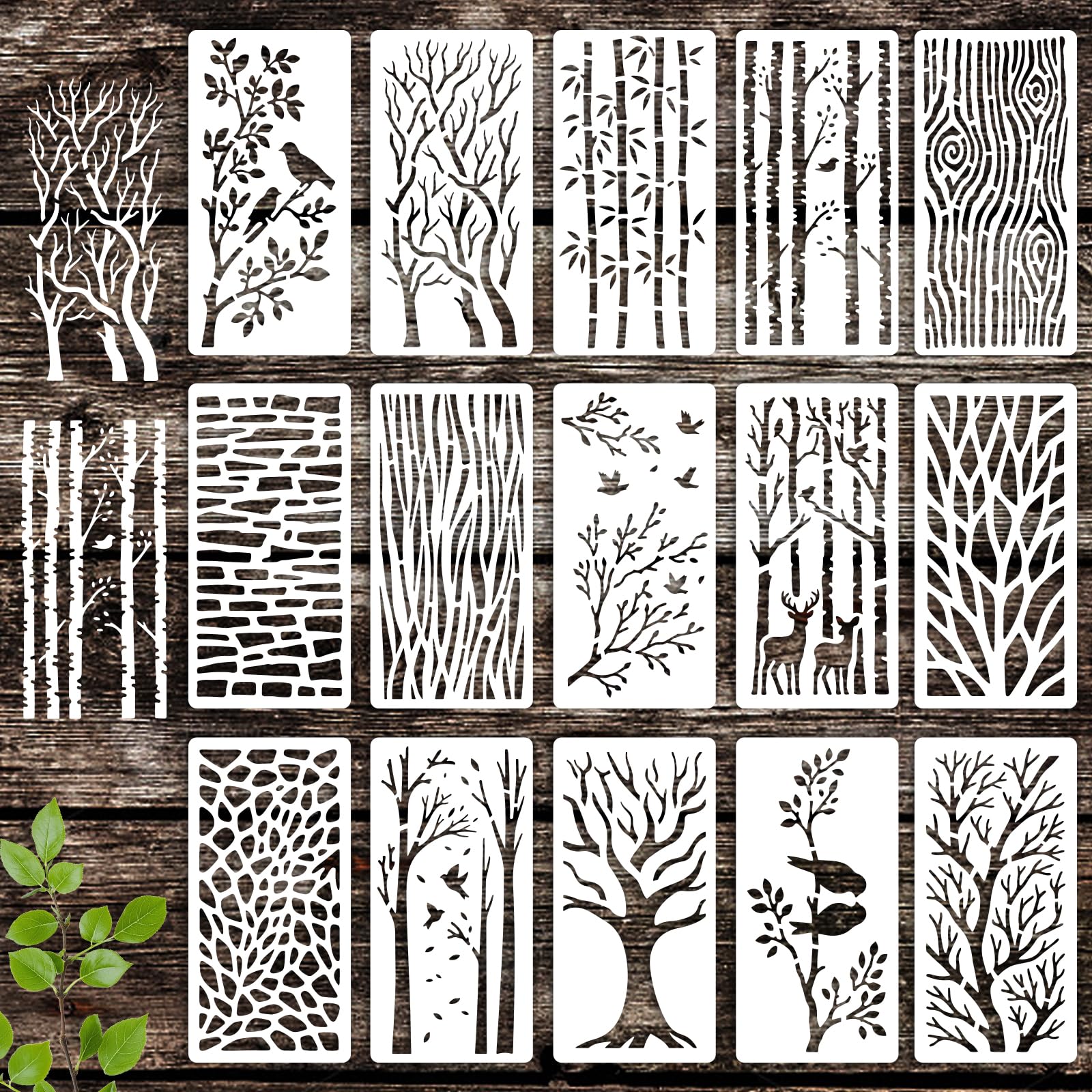 INFUNLY 15Pcs Tree Wall Stencil for Painting 3.9×7.87" Reusable Branches Wall Stencils Bird Texture Painting Stencil Small Walls Templates for Card