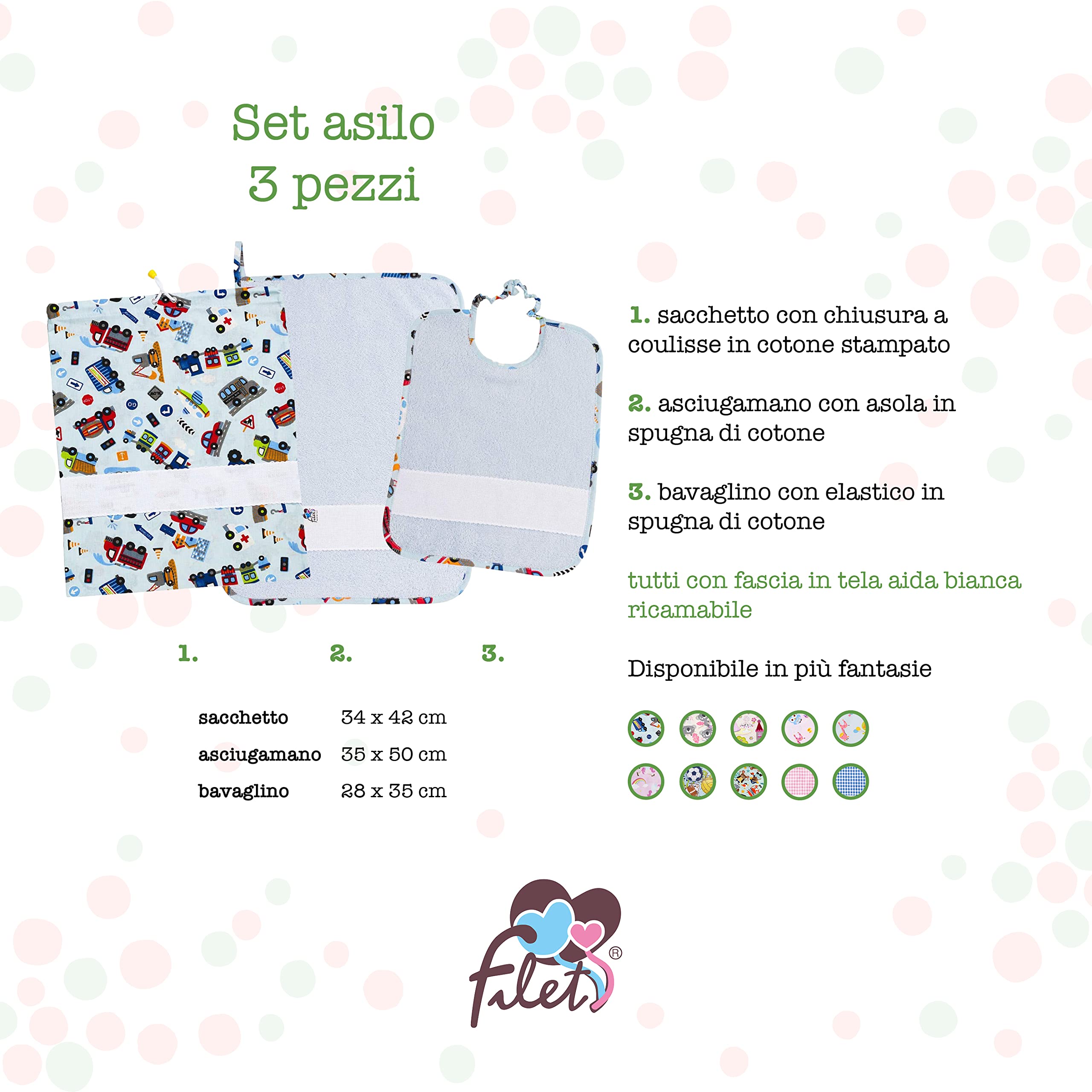 Filet - Set Asilo 3 Pezzi | Sacchetto, Bavaglino e Asciugamano in coordinato | Cotone e Spugna di alta qualità |Inserto in tela aida da ricamare | Stampa Macchinine su fondo azzurro
