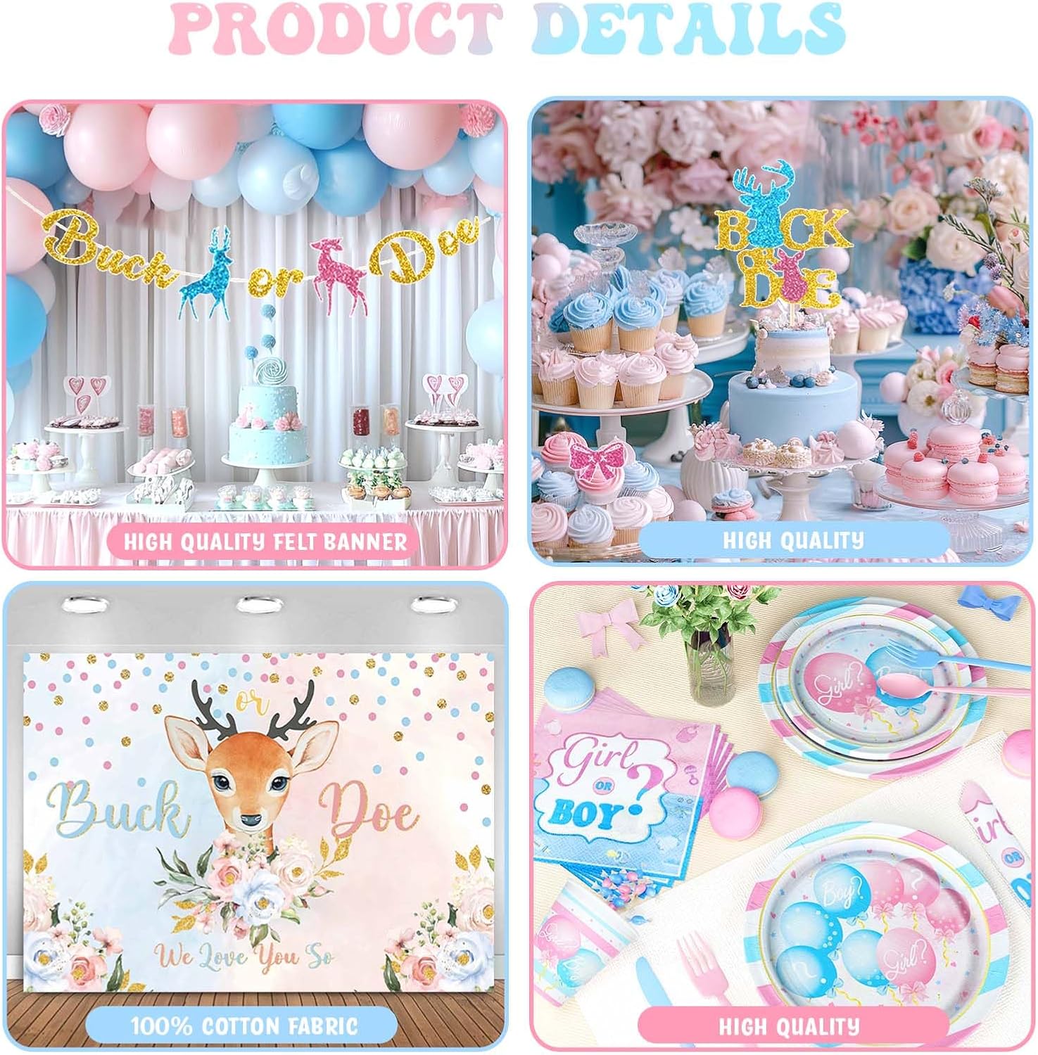 Buck or Doe Gender Reveal Decorations, Pink Blue Boy or Girl Gender Reveal Supplies, He or She Backdrop Banner Balloon Tablecloth Plate Napkin Cup Straw Knife Spoon Fork Sash 228 PCs