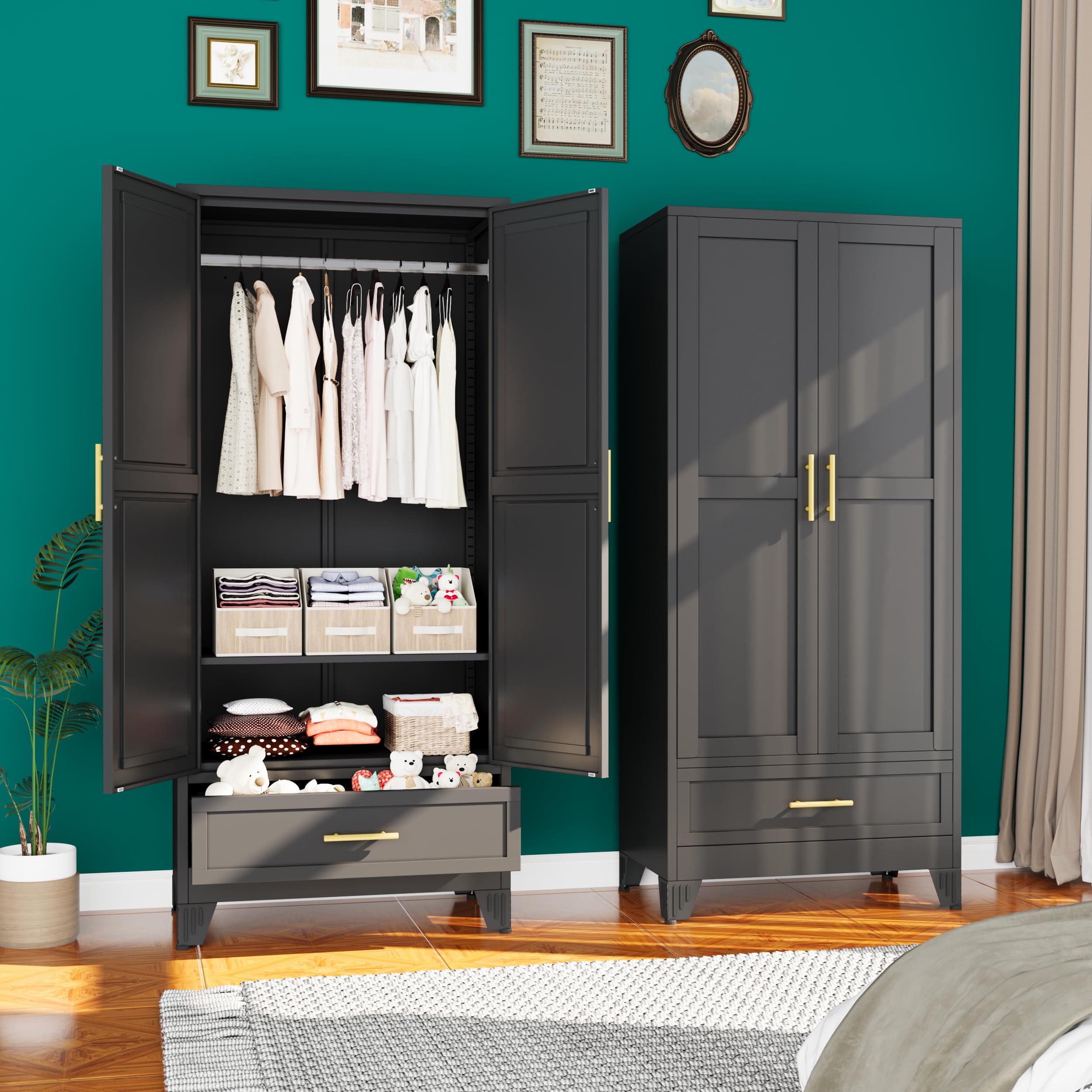71"H Metal Tall Armoire Wardrobe Closet with Drawer,Household Steel Wardrobe Closet Cabinet with Drawers,Clothing Storage Wardrobes Cabinet with