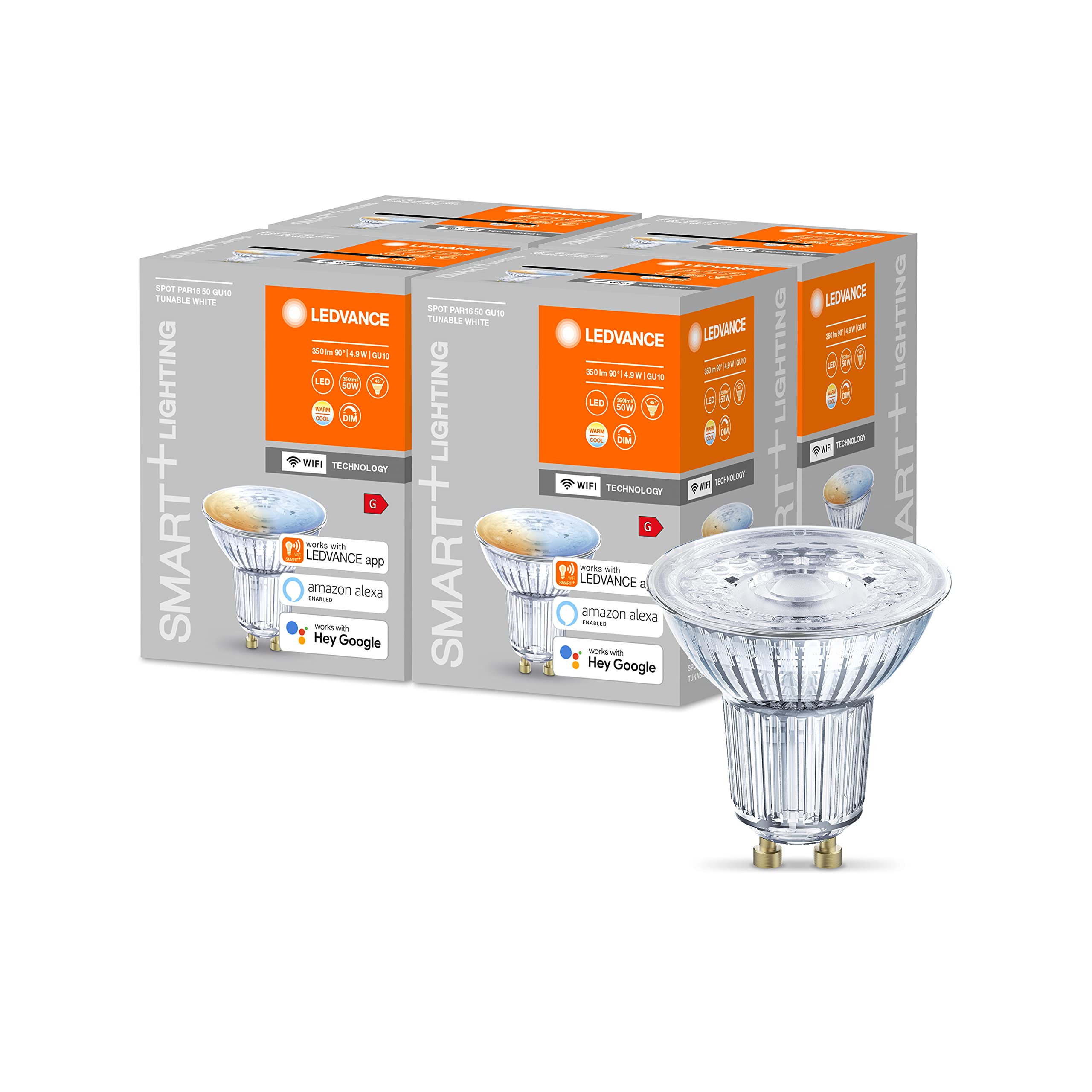 LEDVANCE Lampe à réflecteur LED intelligente avec technologie WiFi, base GU10, couleur de la lumière variable (2700-6500K), dimmable, remplacement 50W, SMART+ WiFi SPOT GU10 Tunable White, paquet de 4