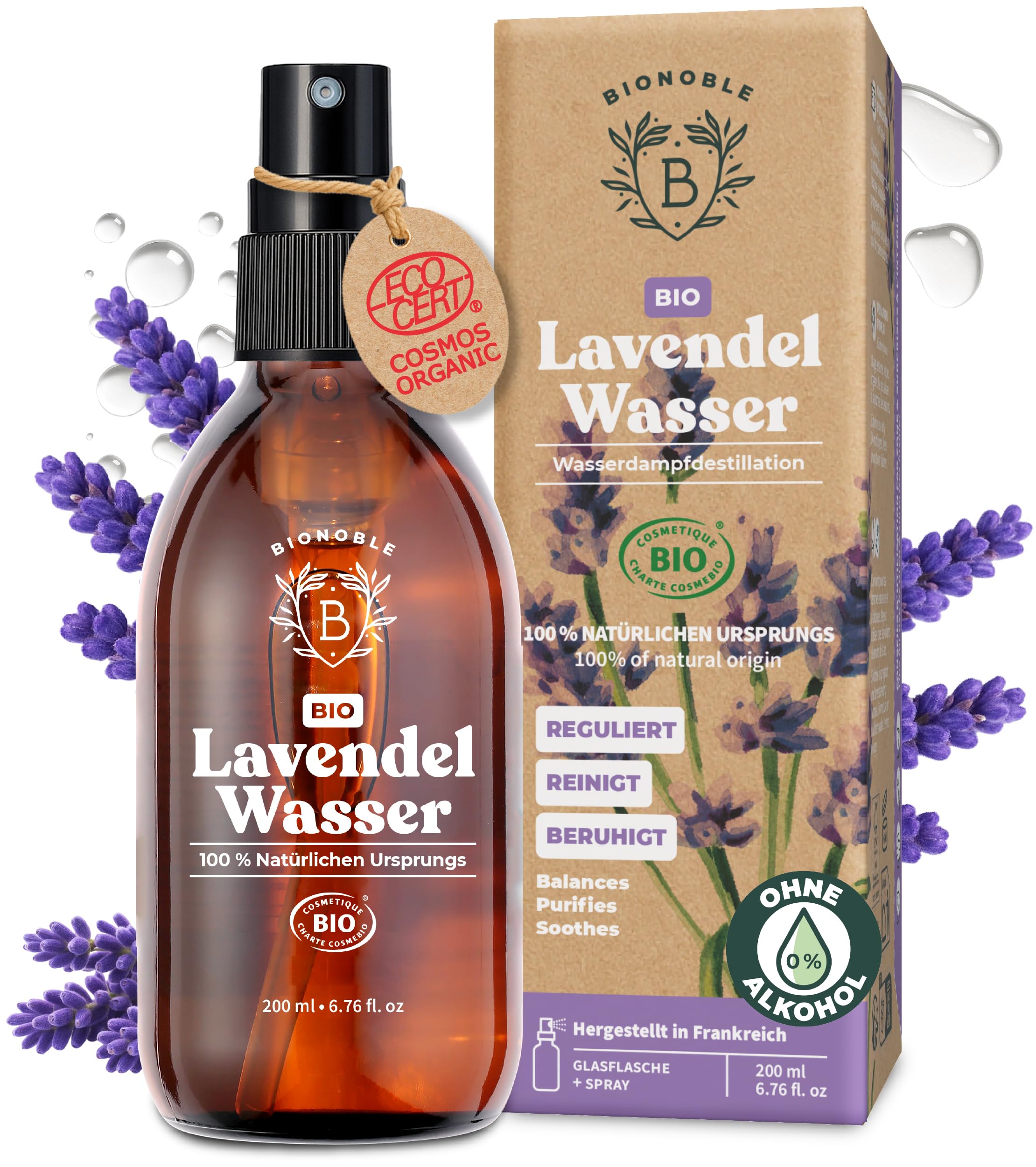 BIONOBLE Lavendelspray Für Kopfkissen - Lavendel Spray Ohne Alkohol, 100% Natürlichen Ursprungs, Dermatologisch Getestet - Lavendelwasser Bio für Haut - Hydrolat in Glasflasche - 200ml