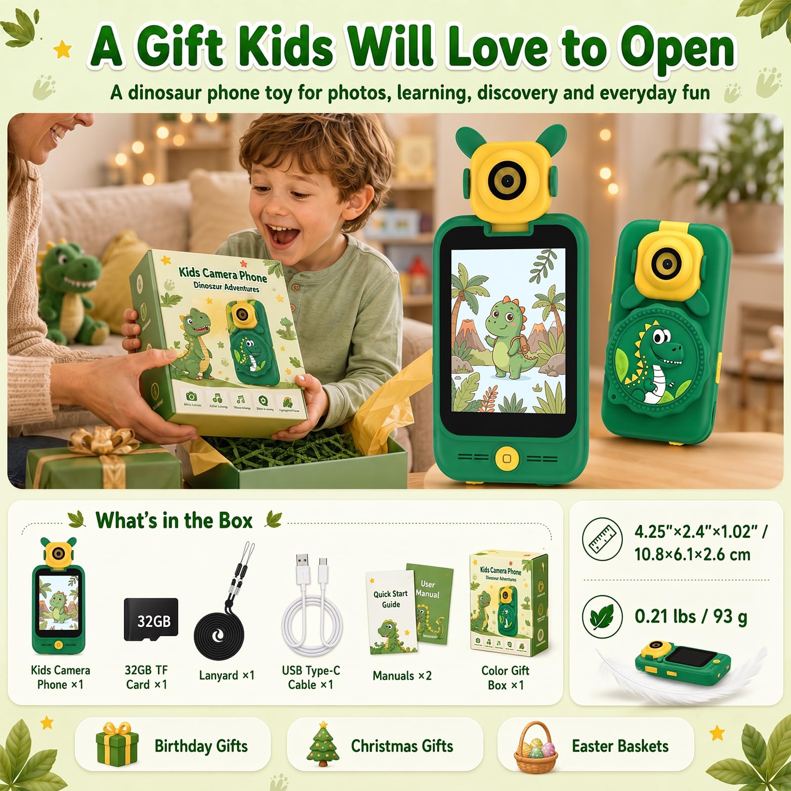 Teléfono Móvil Juguete Niños con Microscopio: Smartphone Portátil 3-8 Años | Cámara Giratoria 180° Pantalla Táctil 2.8 Tarjeta 32 GB Juegos Ciencia Educativo STEM Regalo Cumpleaños Dinosaurio Niño Niña