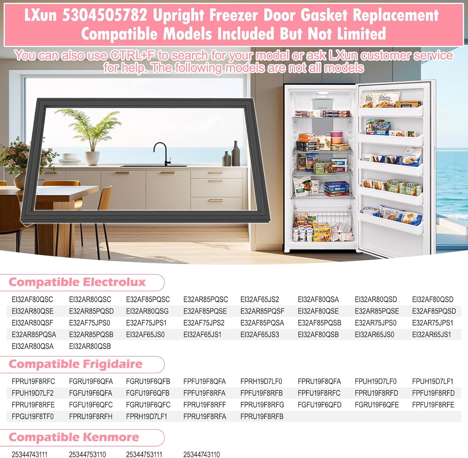 LXun Upgraded 5304505782 Refrigerator Door Gasket Replacement for Electrolux Kenmore Frigidaire Freezer Door Gasket Seal Part 216522370 4452576 AP6030127 PS11766245 EAP11766245 FPRU19F8RFC -BLACK