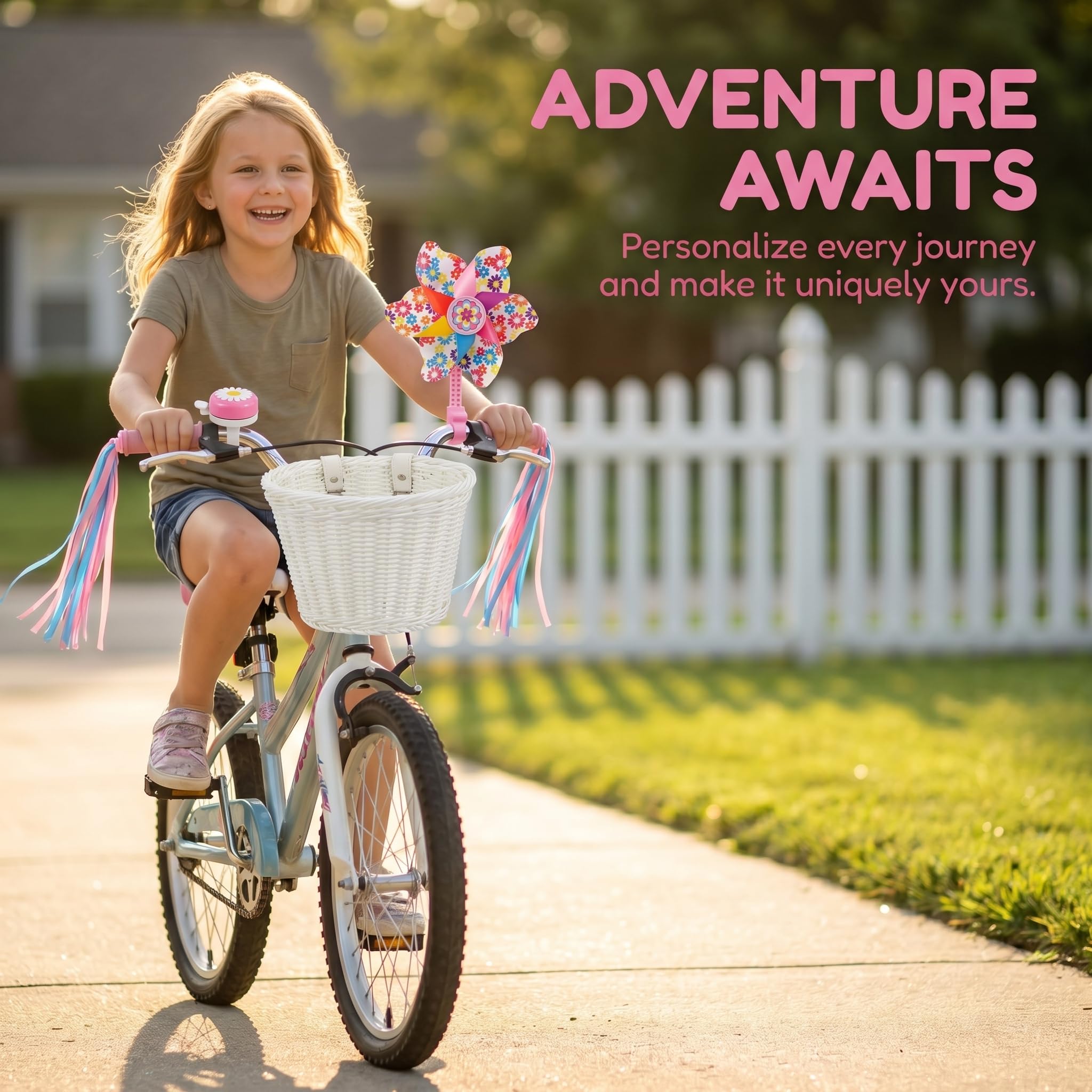 Panier de vélo avant pour enfants, accessoires de vélo pour filles et garçons, panier de vélo tissé avec autocollants, sonnette de vélo, moulin à vent et 1 paire de rubans colorés (panier blanc)