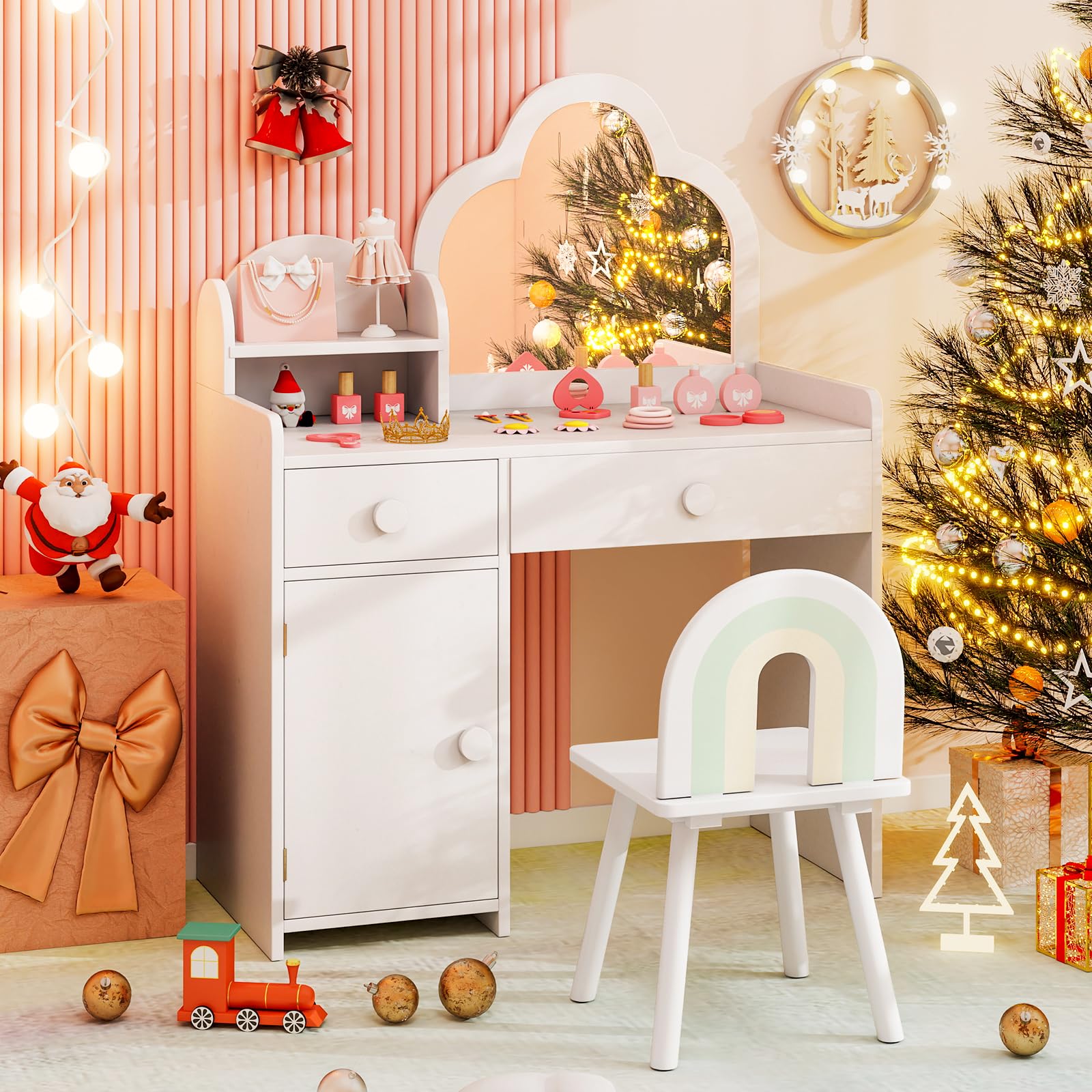 COSTWAY Make-uptafel voor kinderen, 2-in-1 kaptafel met hartvormige spiegel, kruk, lade en accessoires, make-uptafel voor kinderen vanaf 3 jaar