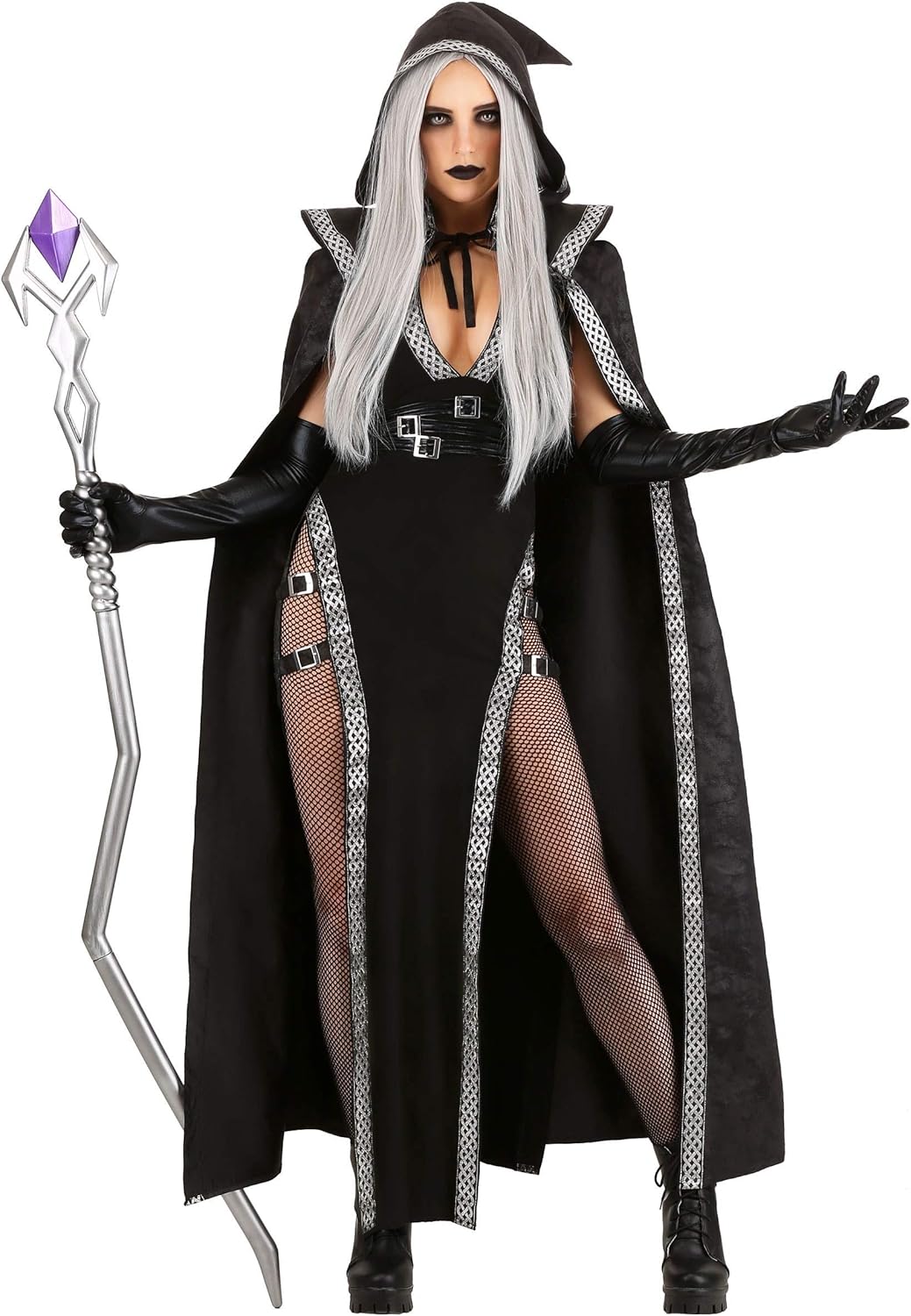 Women's Enchanted Warlock Costume Black Witch Dress with Hooded Cloak Warlock Witch Outfit Halloween Costume