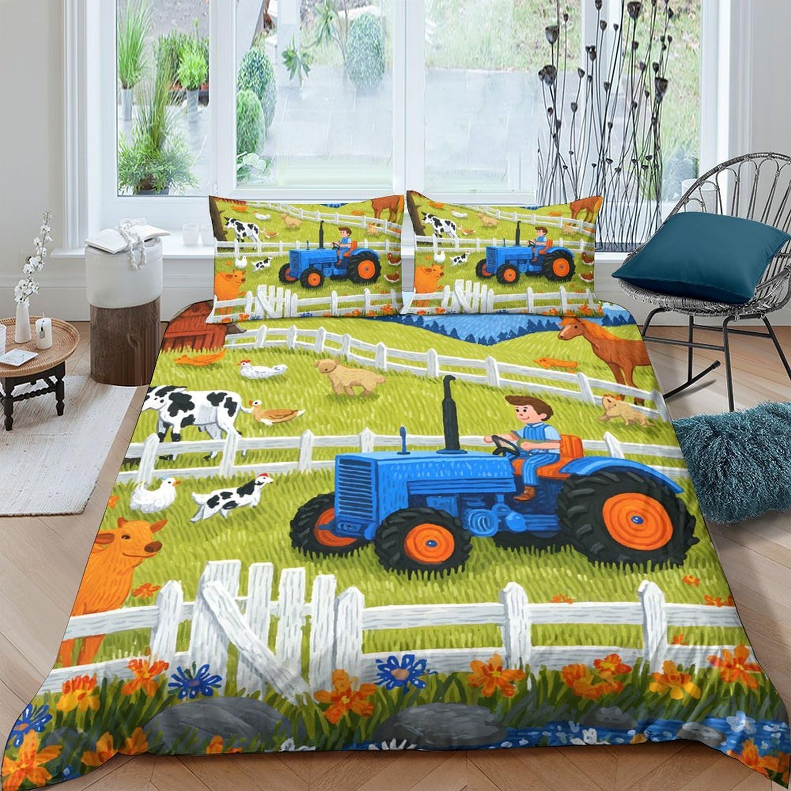 Ctjqhvkz Style-6 3D Printed Farm Tractor Fitted Sheet Microfiber Soft Breathable Cow Meadow Bed Cover For Bedroom Dorm Decor Single（135X200cm）