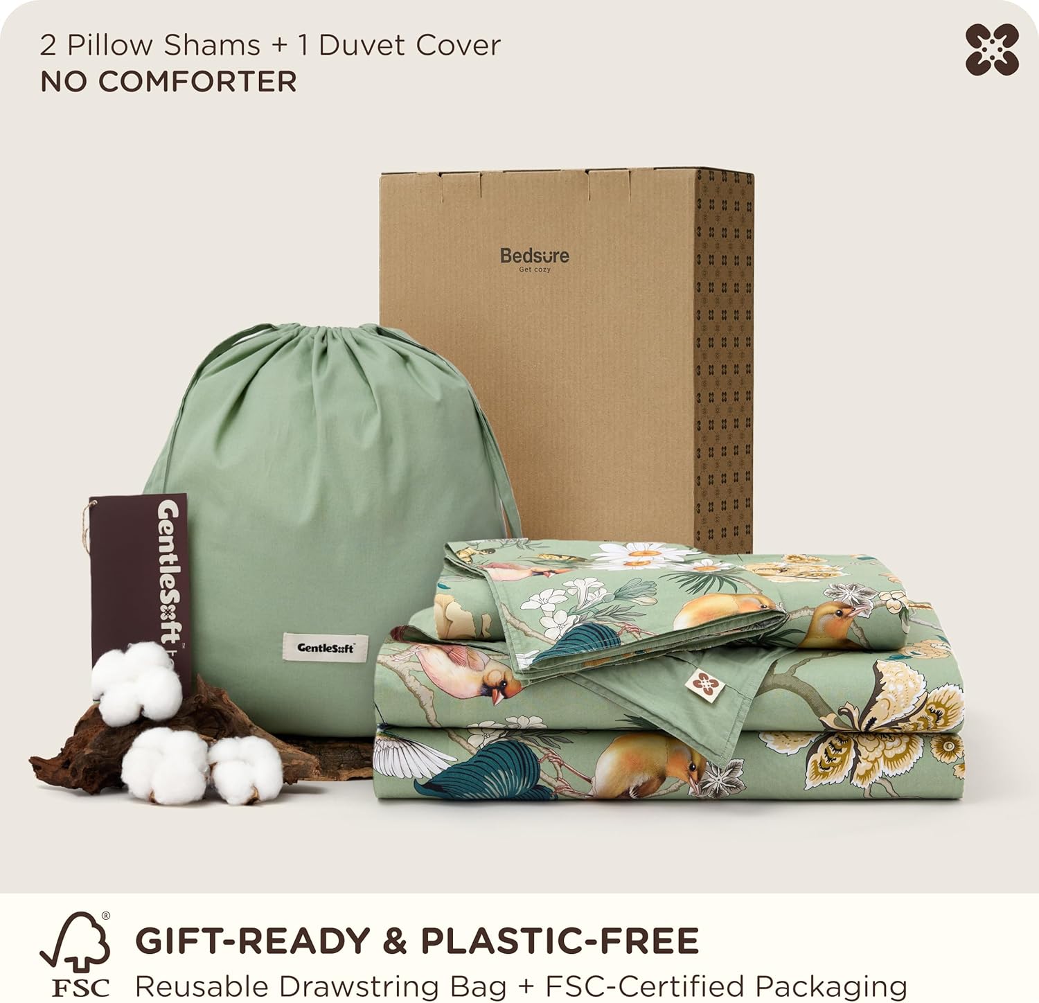 Bedsure Floral Duvet Cover Queen Size - 100% Cotton Reversible Flowers and Birds Pattern Duvet Cover Set, 3 Pieces Soft & Breathable PureWoven Bedding Set with 2 Pillow Shams (Green Garden, 90"x90")