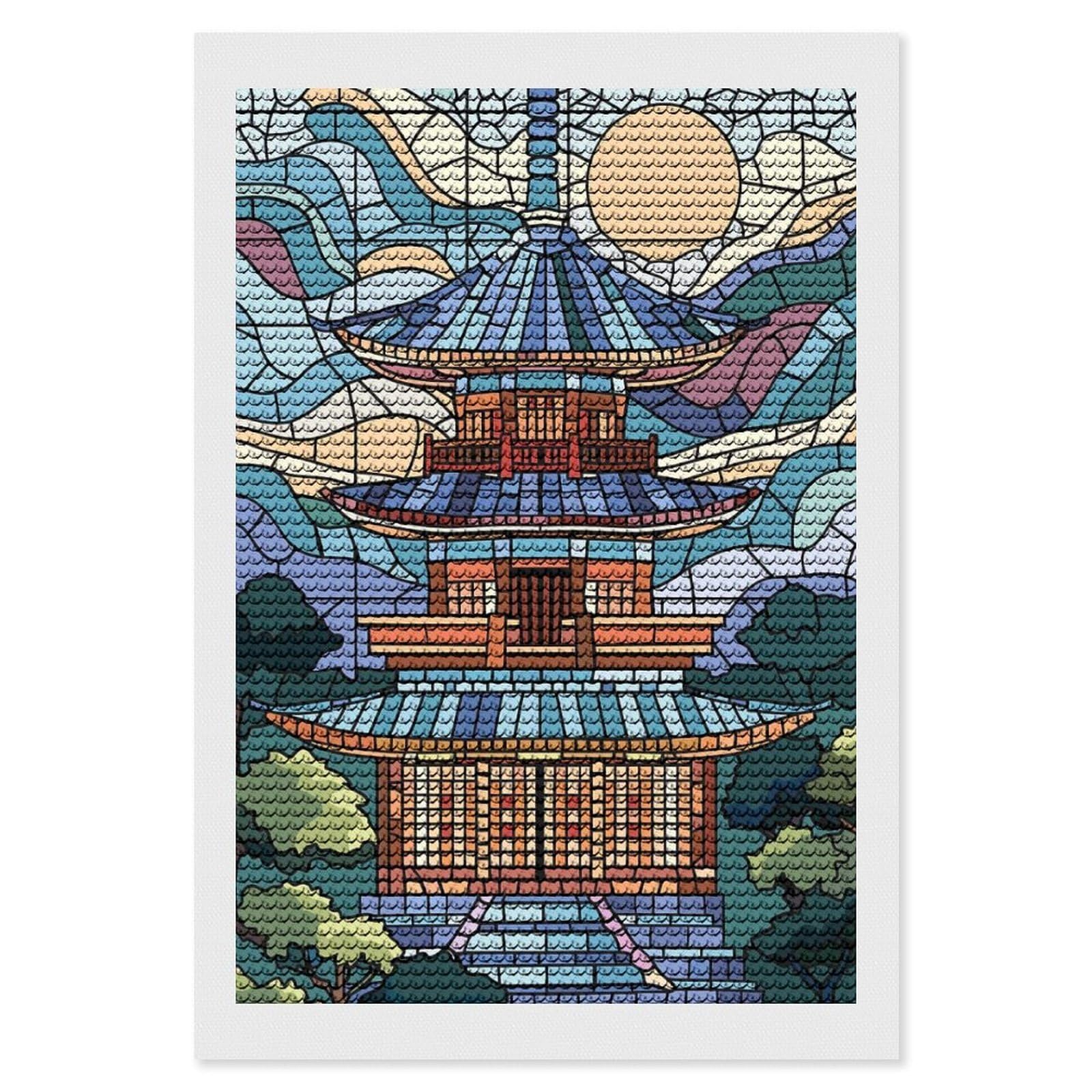 Junmoney Stained Glass Pagoda Landscape Diamond Painting Canvas Set 8"x12", for Adults, Sparkling Round Gems, Thoughtful Handmade Gift, Modern Decor