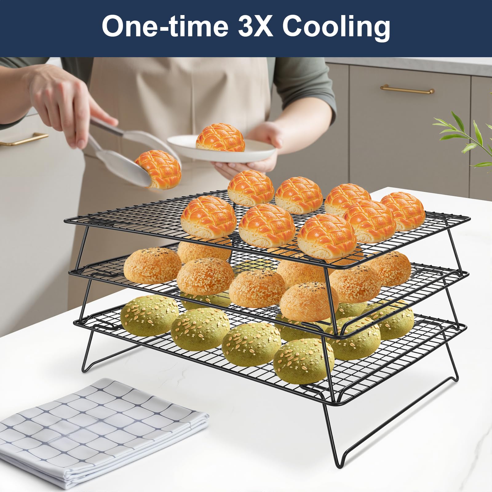 Lifhety 3 Tier Cooling Rack Large, 42.5x27.7cm Stackable Cake Cooling Rack for Baking Collapsible Oven Wire Rack - Image 4