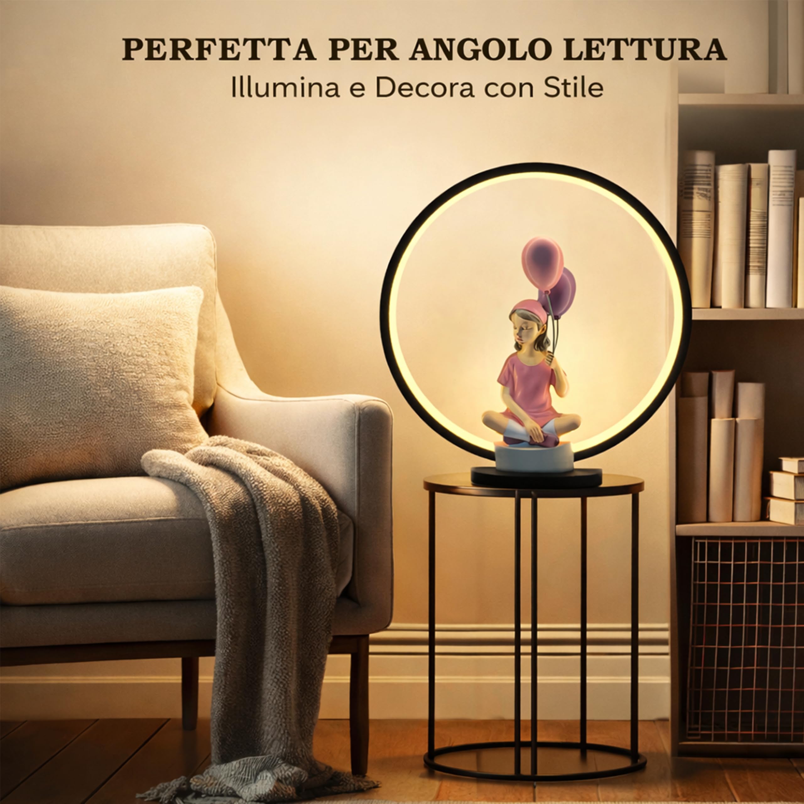 Lampada da Tavolo LED, Abatjour da Comodino USB con Statuina, Lampada Decorativa dal Design Moderno per Soggiorno, Salotto e Camera da Letto (Statuina con Palloncini)