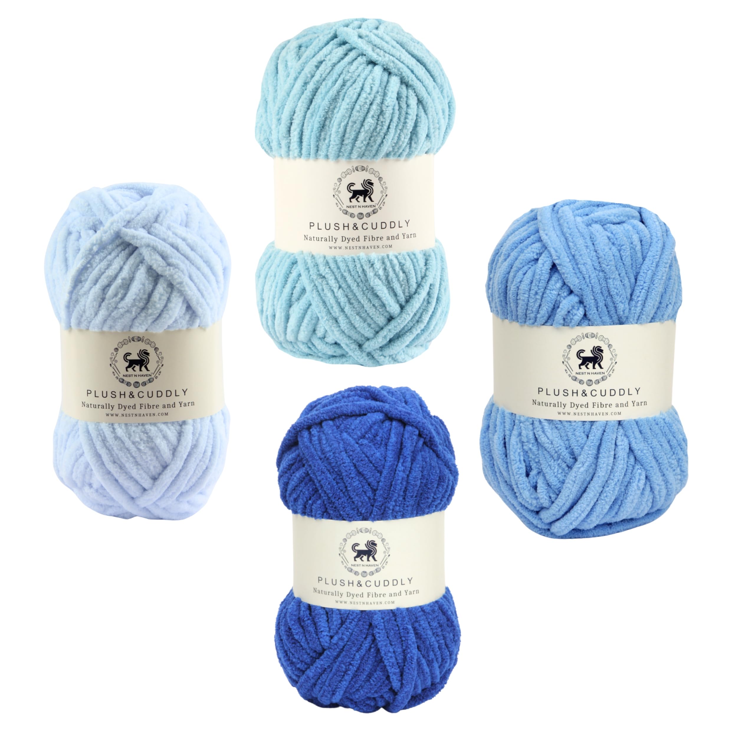 NESTNHAVEN , Plush & Cuddly Sets 2.0 , Chenille Yarn Supersoft Hand Knitting Wool Ball, set of 4 , 400 grams (1 Ball/100 Gram Each) Suitable for Craft, Babywear, Toys , Baby Blankets , 5 Bulky, Shades - NNHS 2.0 (Set 8 Aqua Blue, Blue , Dark blue , pastel blue)