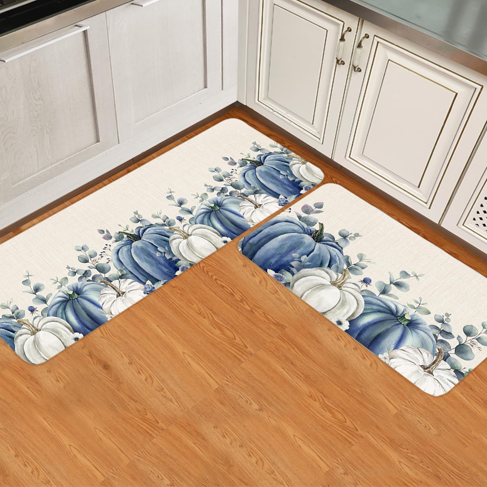 Thanksgiving Kitchen Rugs 2 Piece Blue White Pumpkin Flower Eucalyptus