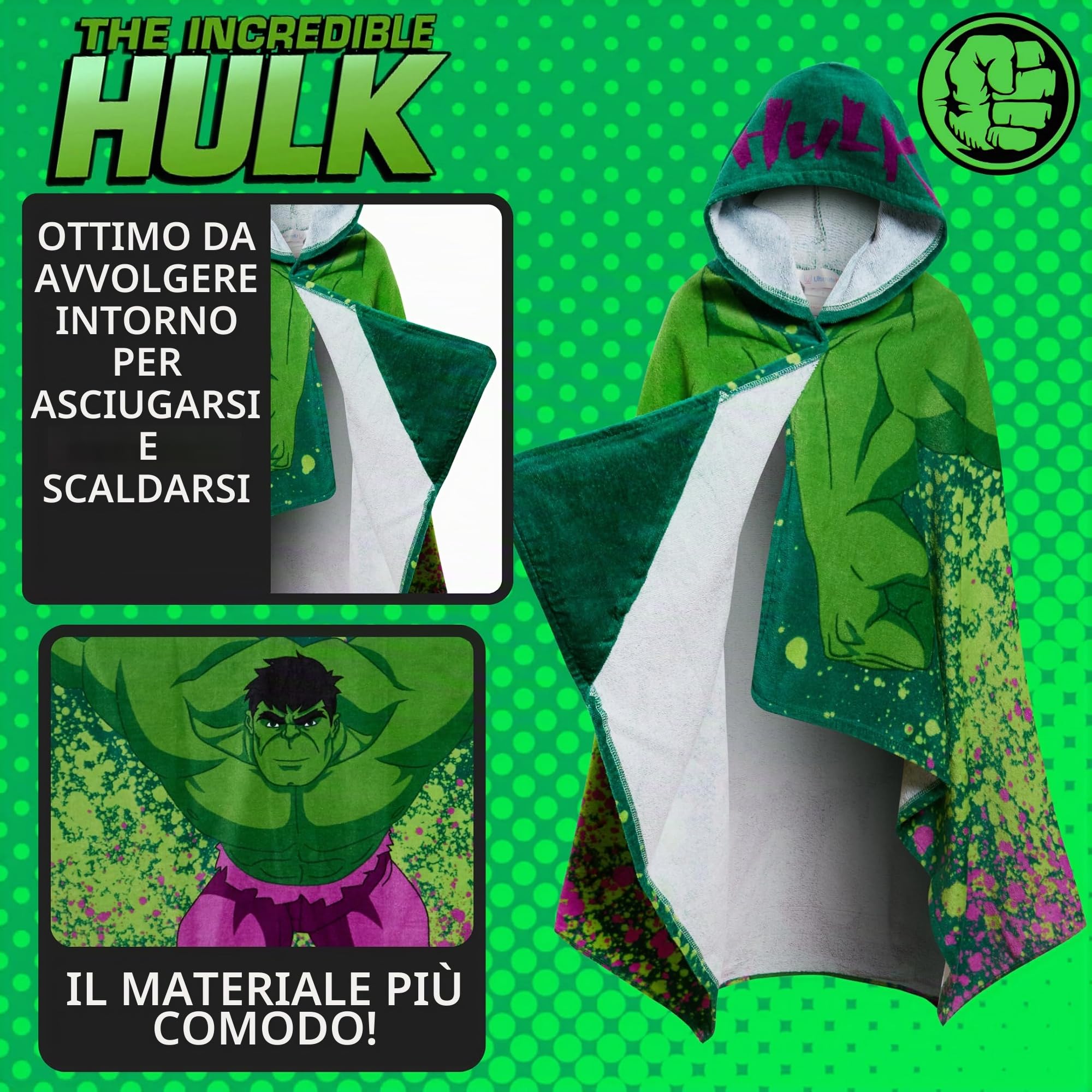 Marvel Asciugamano con cappuccio dell'Incredibile Hulk in 100% cotone Poncho per bambini Asciugamano da spiaggia Avengers Asciugamano da bagno Asciugamano da bagno Avvolgimento da nuoto