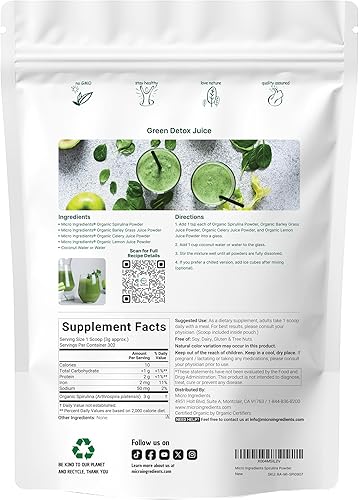 Miniatura 2 de Micro Ingredients Espirulina en polvo orgánica, 2 libras  Algas azul-verde, rico en proteínas veganas, vitaminas y minerales  Fuente de clorofila