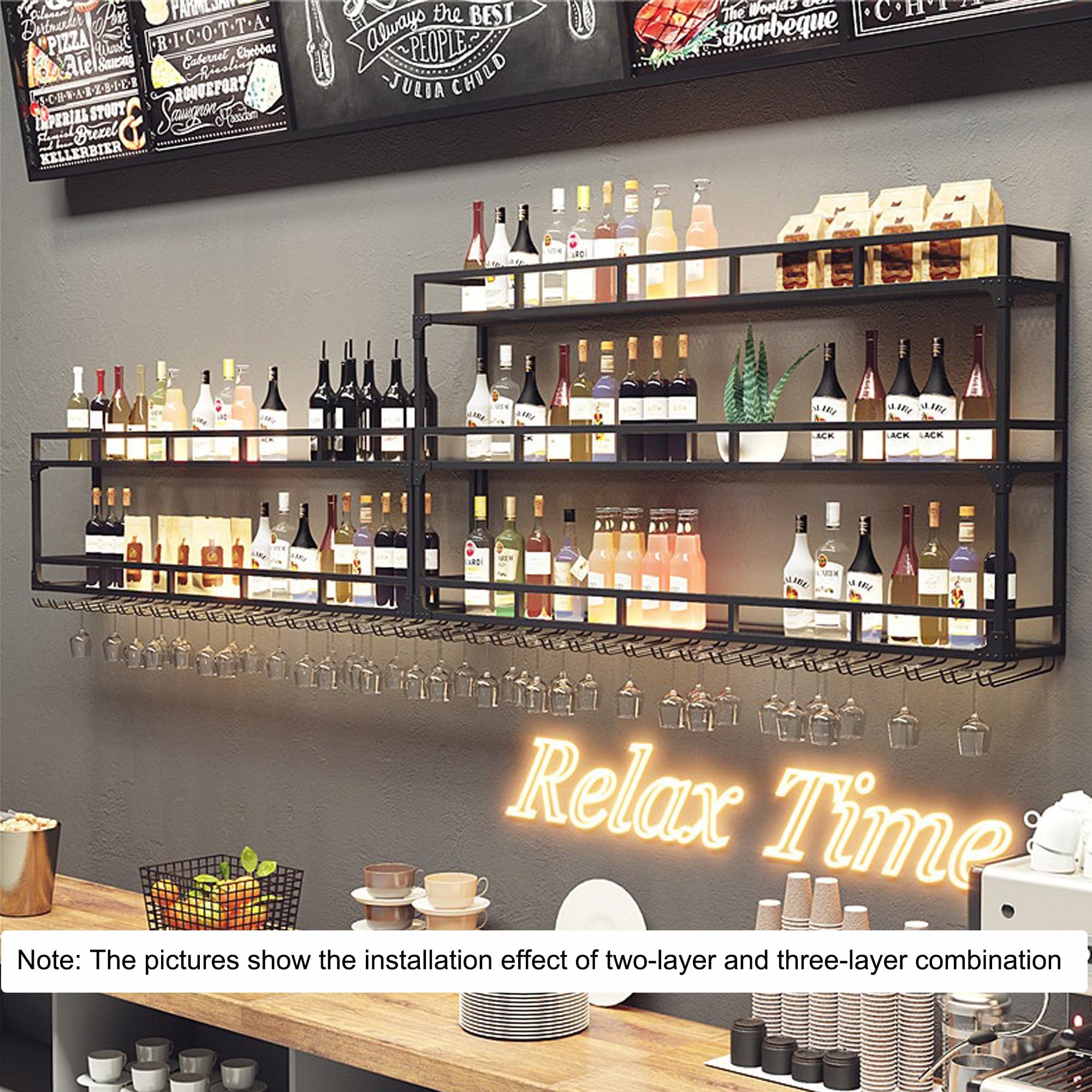 Portabottiglie da parete in metallo con illuminazione a LED, 3 ripiani, per casa, bar e cucina, supporto da parete per bottiglie di vino, elegante design nero (180 cm)