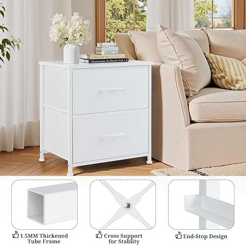 Miniatura 4 de Mesita de noche, pequeña cómoda de 2 cajones mesa auxiliar muebles de cabecera, contenedores de tela con superficie de madera para dormitorio,